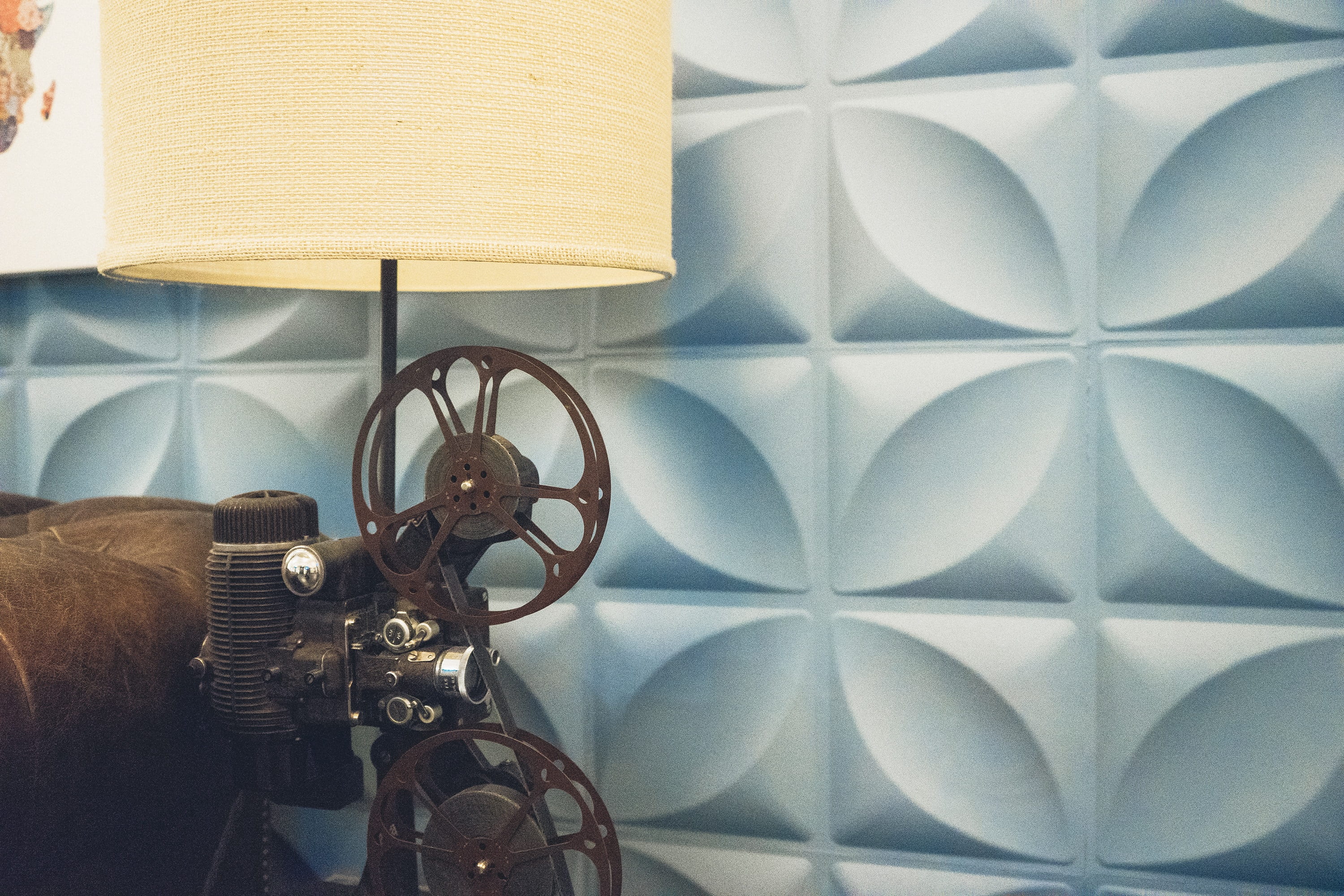 Free download | HD wallpaper: film reel-themed desk lamp, movies