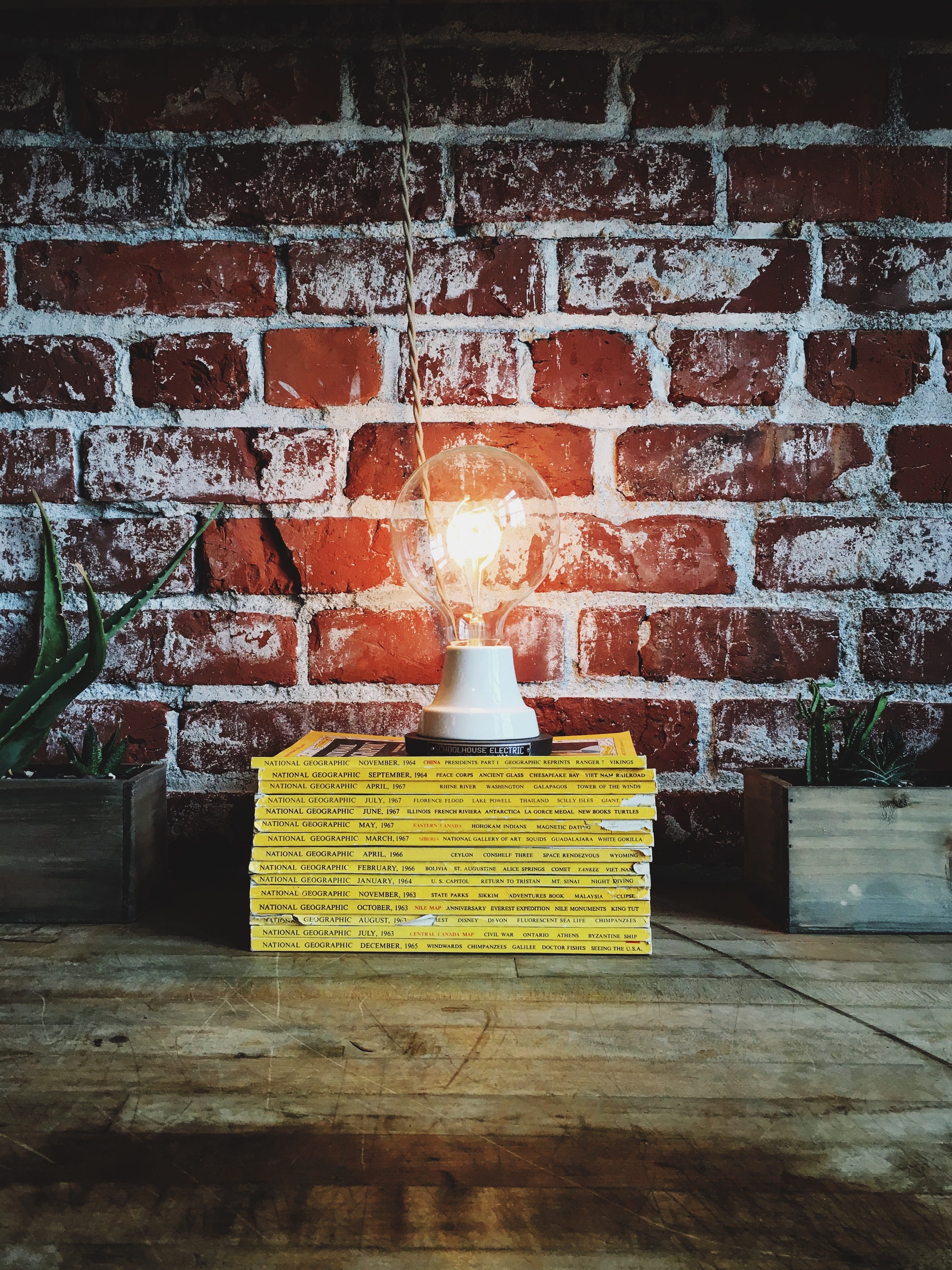 books, bricks, lamp, light, light bulb, pattern, rustic, stack