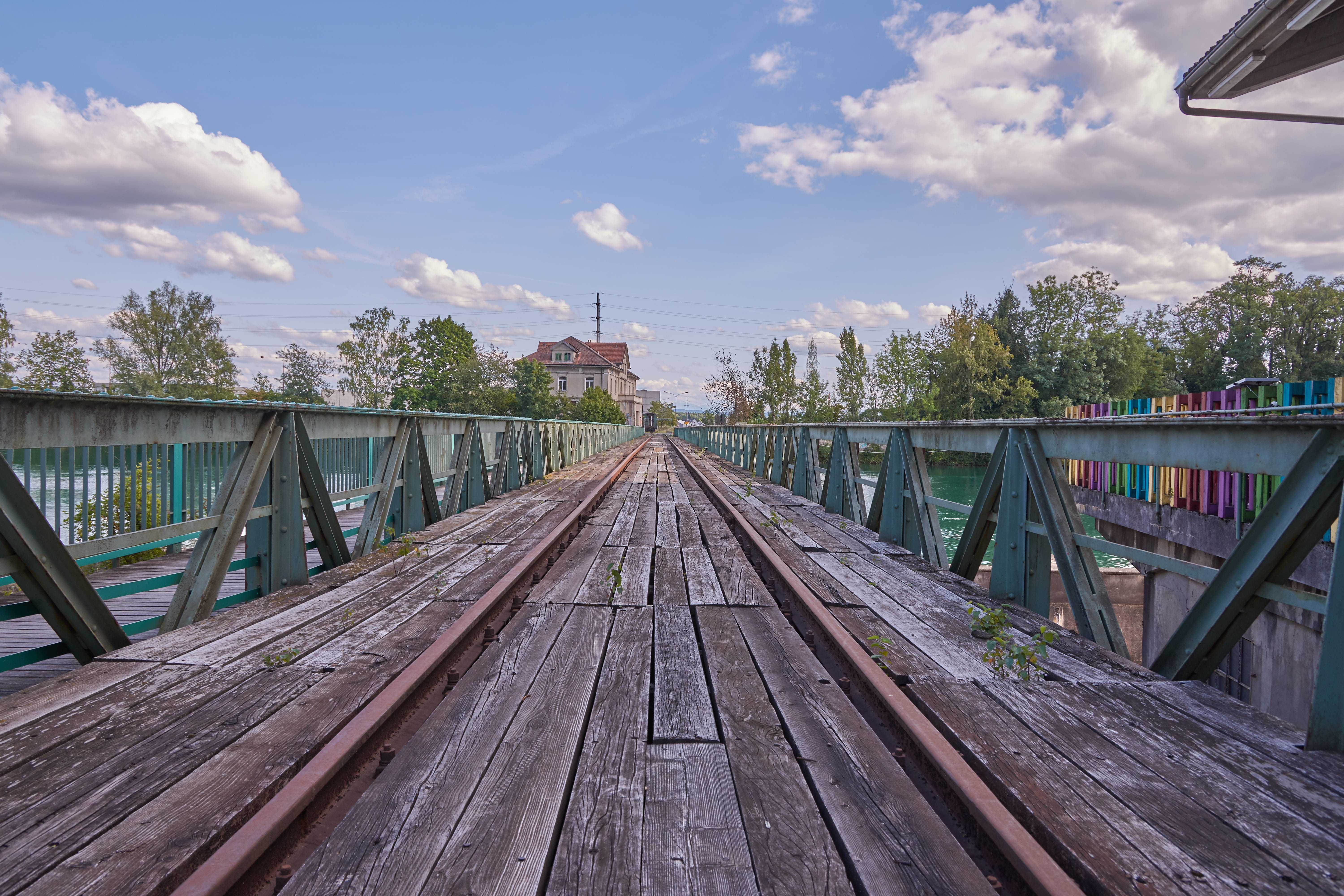 tracks, clouds, bridge, sky, building, architecture, river