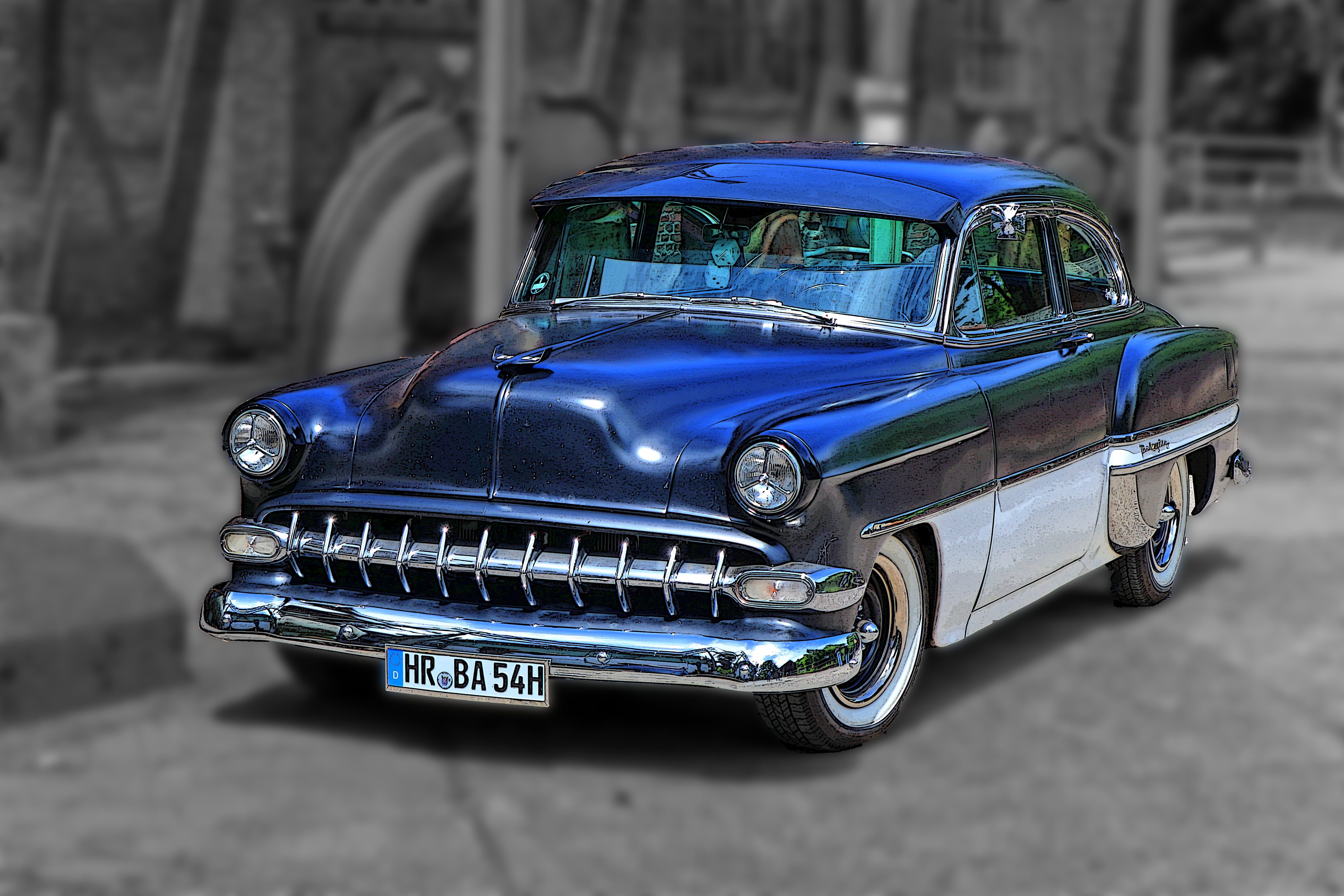selective color photography of vintage blue and white coupe, auto