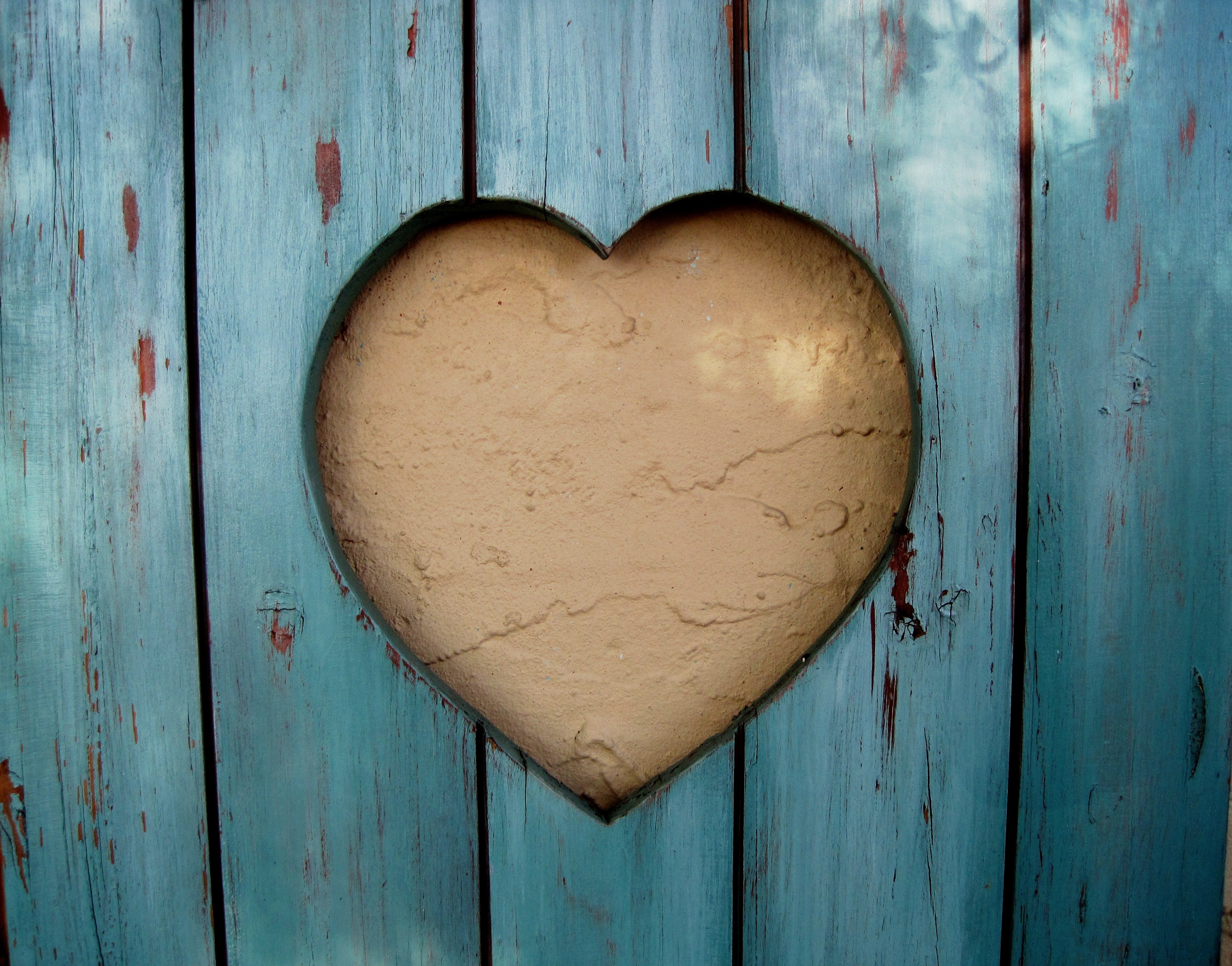 brown heart-themed wall decor, cutout shape, shutter, wood, turquoise