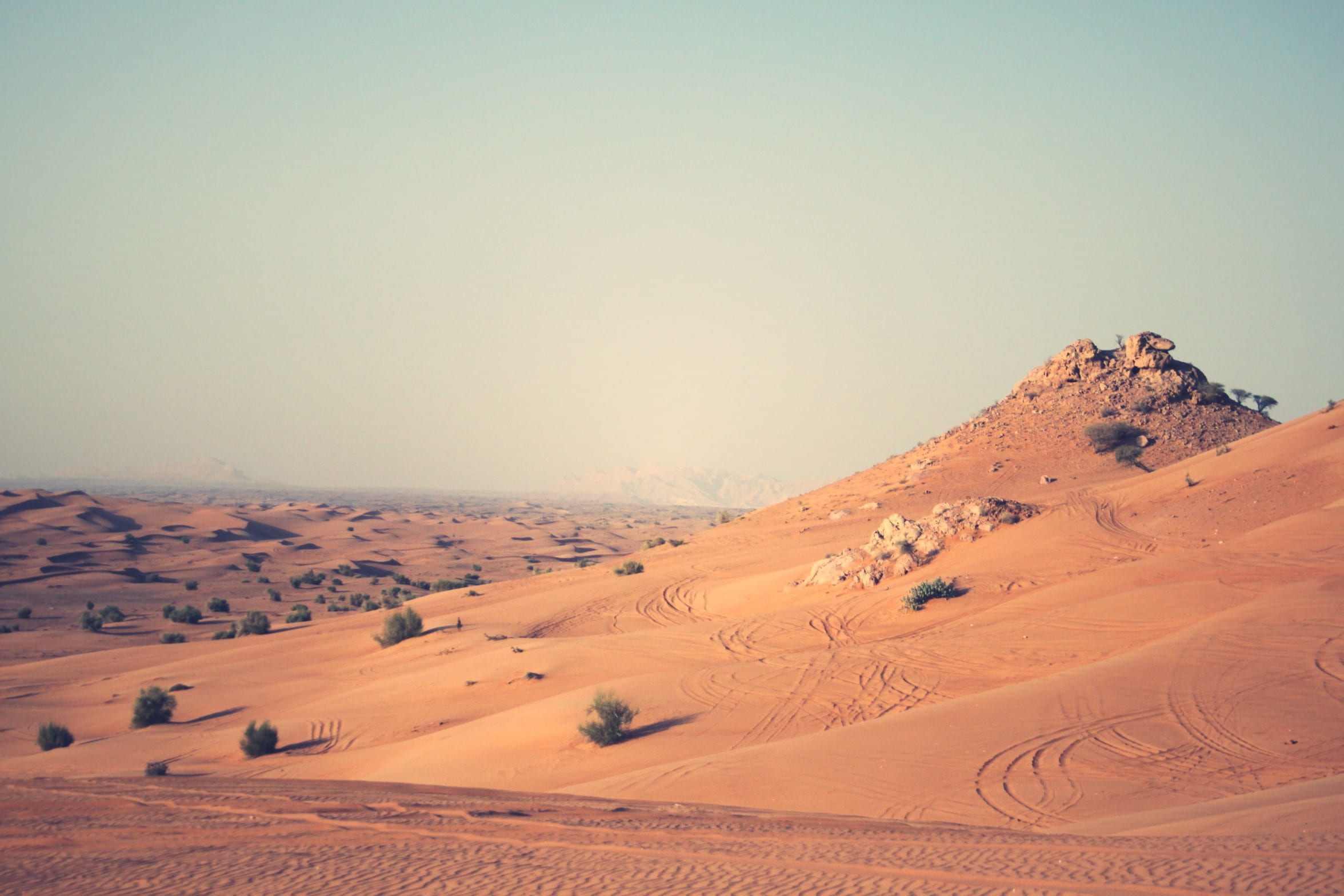 Dubai Desert, desert place under grey sky, sand dunes, dune bashing