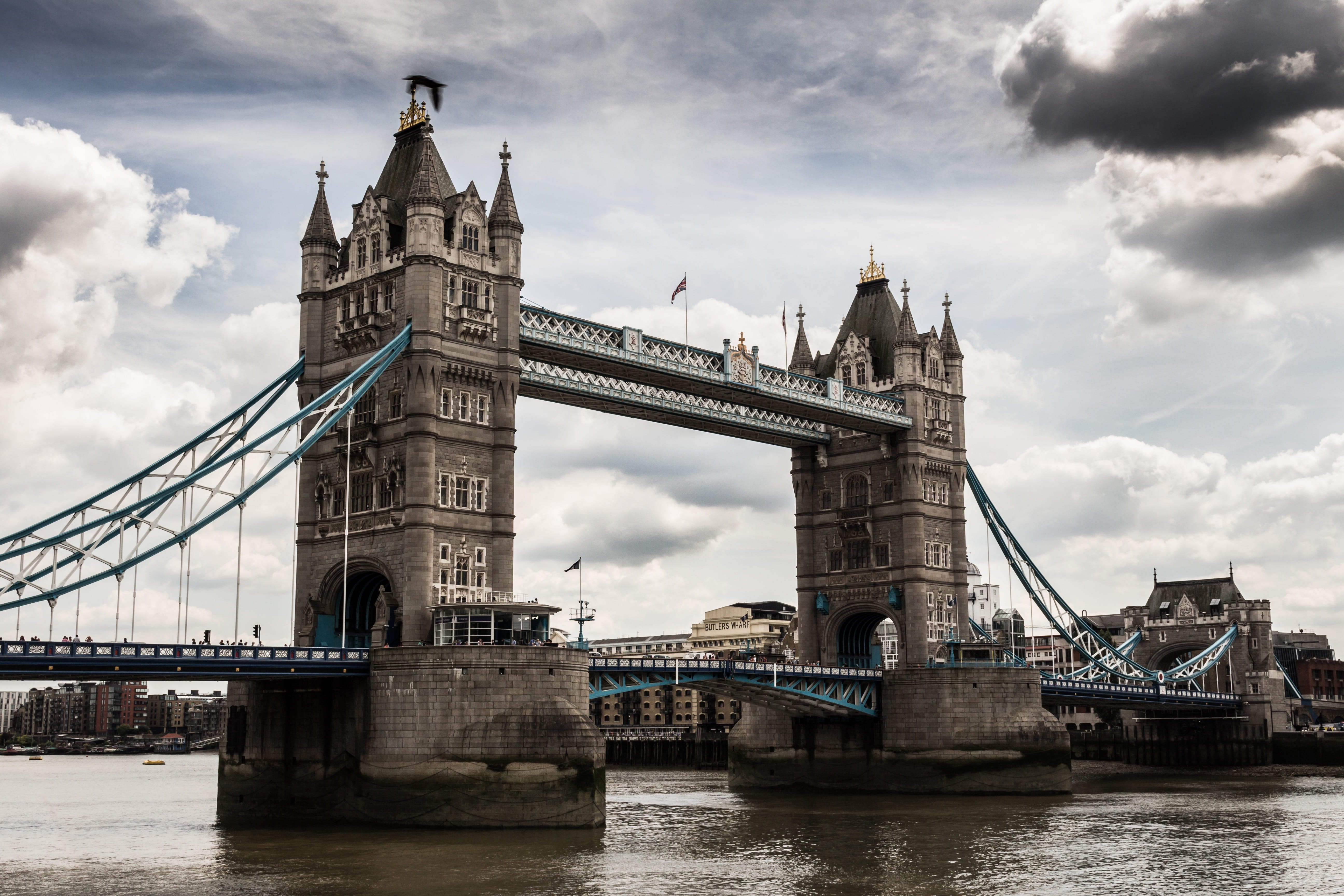 cloudy, sky, bridge, building, structure, water, river, sea