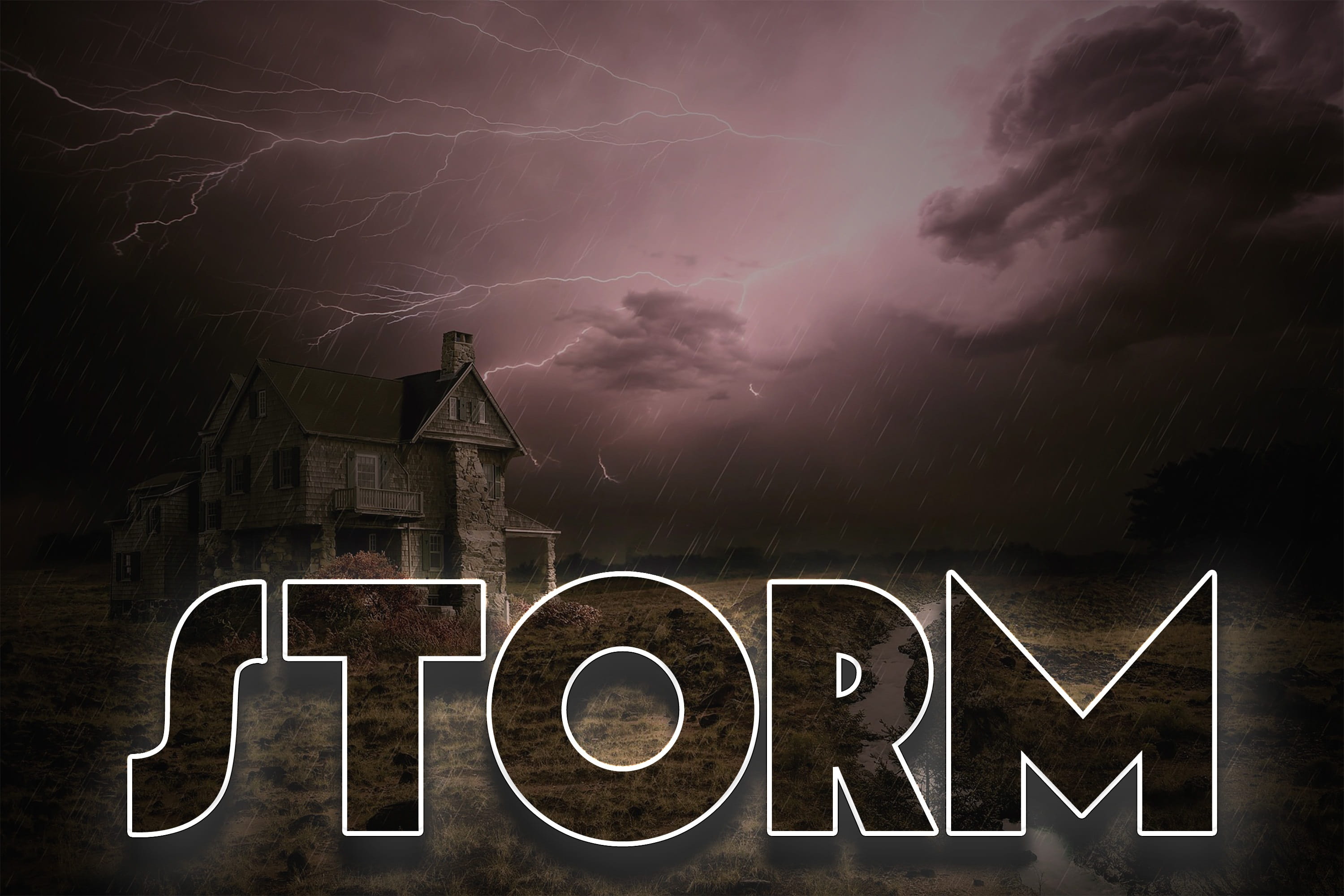 storm, house, rays, rain, clouds, sky, lightning, winter, communication