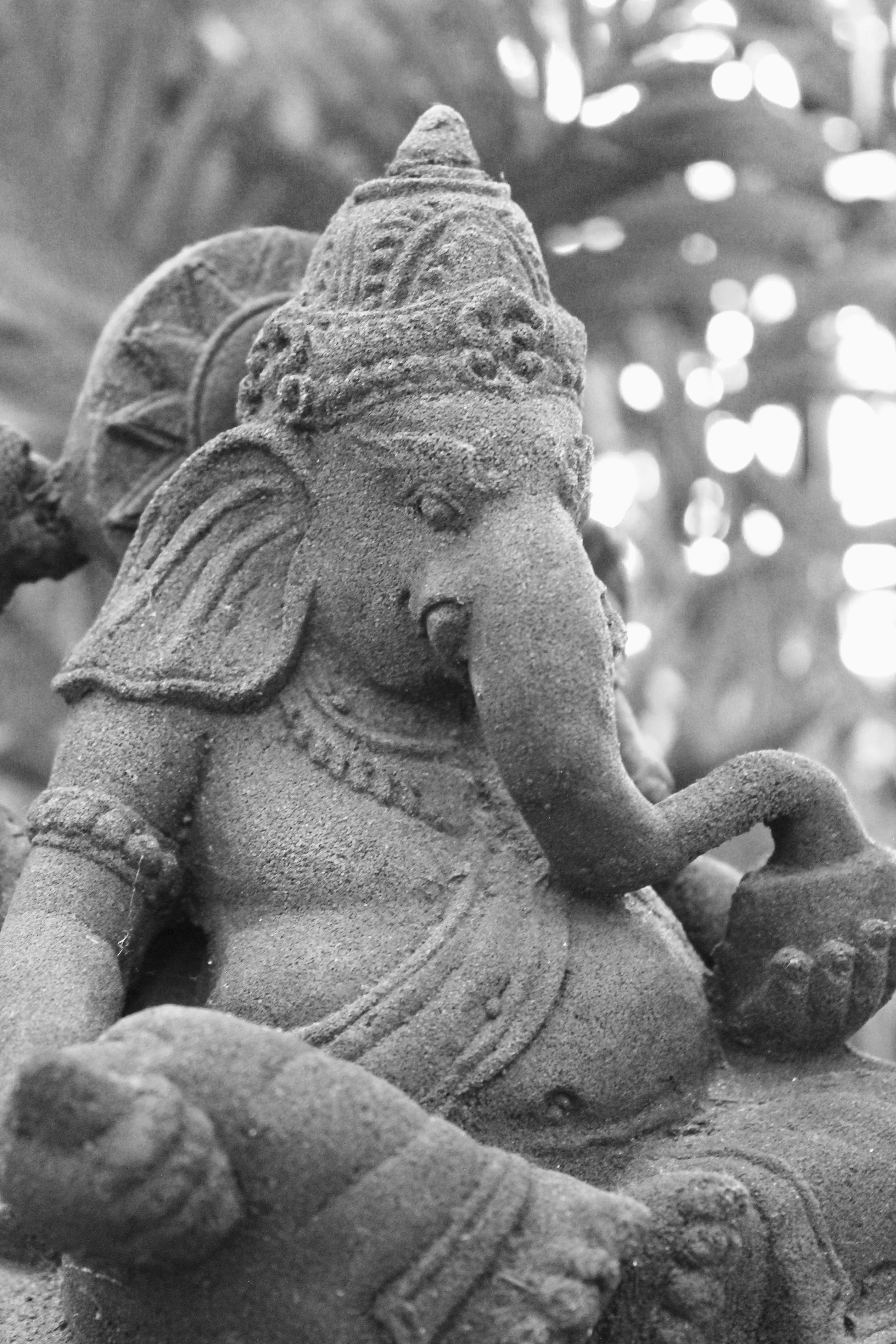 concrete statue of Ganesha, black and white photo, mantra, deva