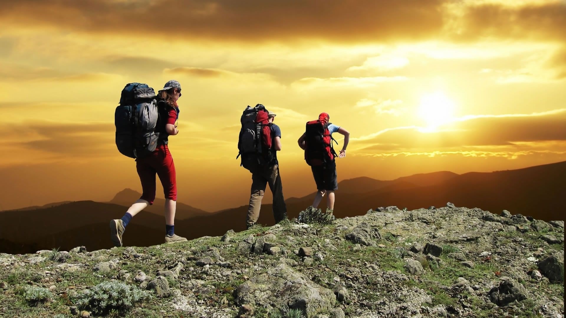 three person on top of mountain, hikers, sunset, hiking, backpacking