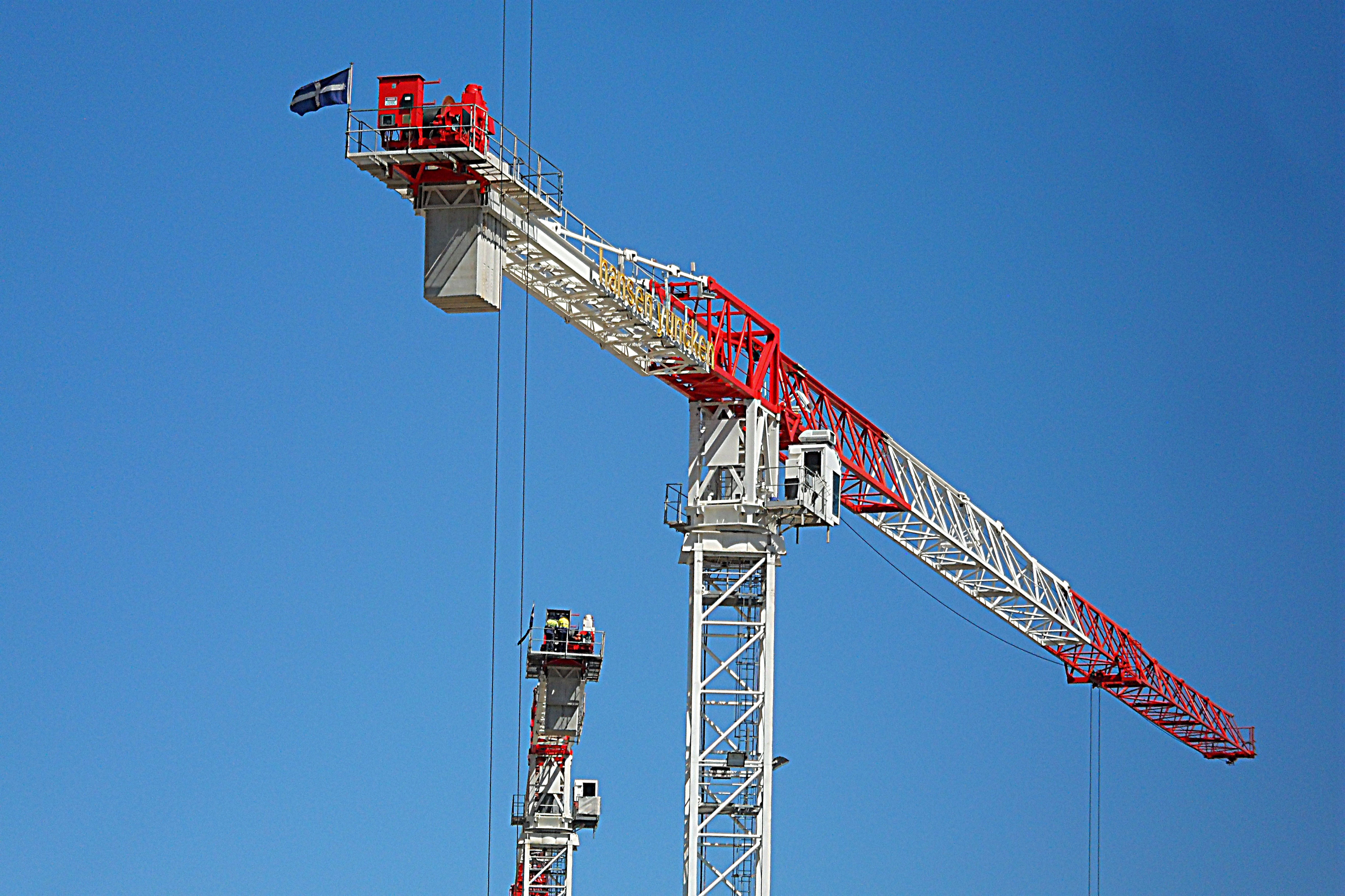 white and red tower crane, sky, blue, construction, business