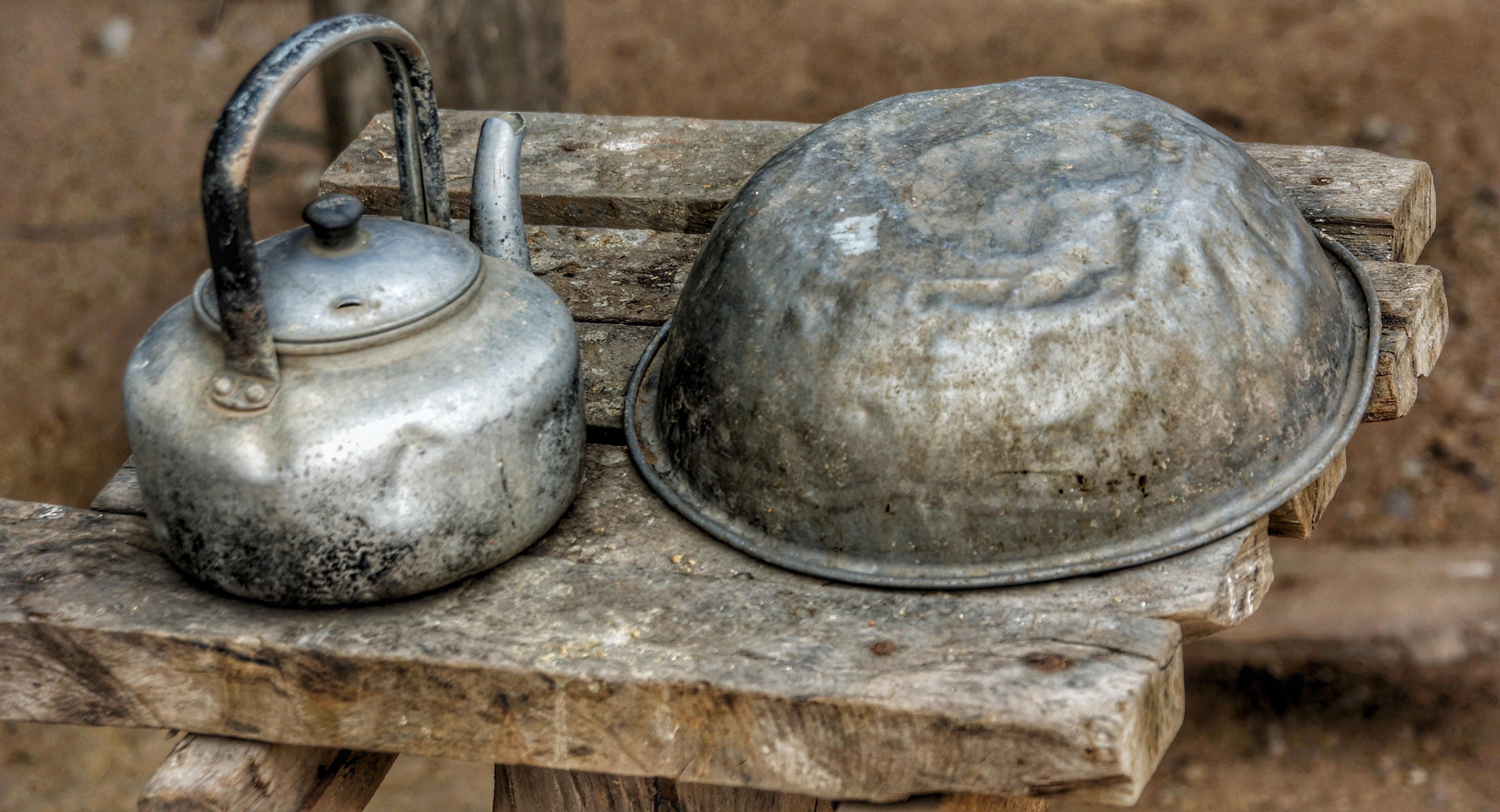 gray kettle and bowl on table, poor, people, basic, needs, old
