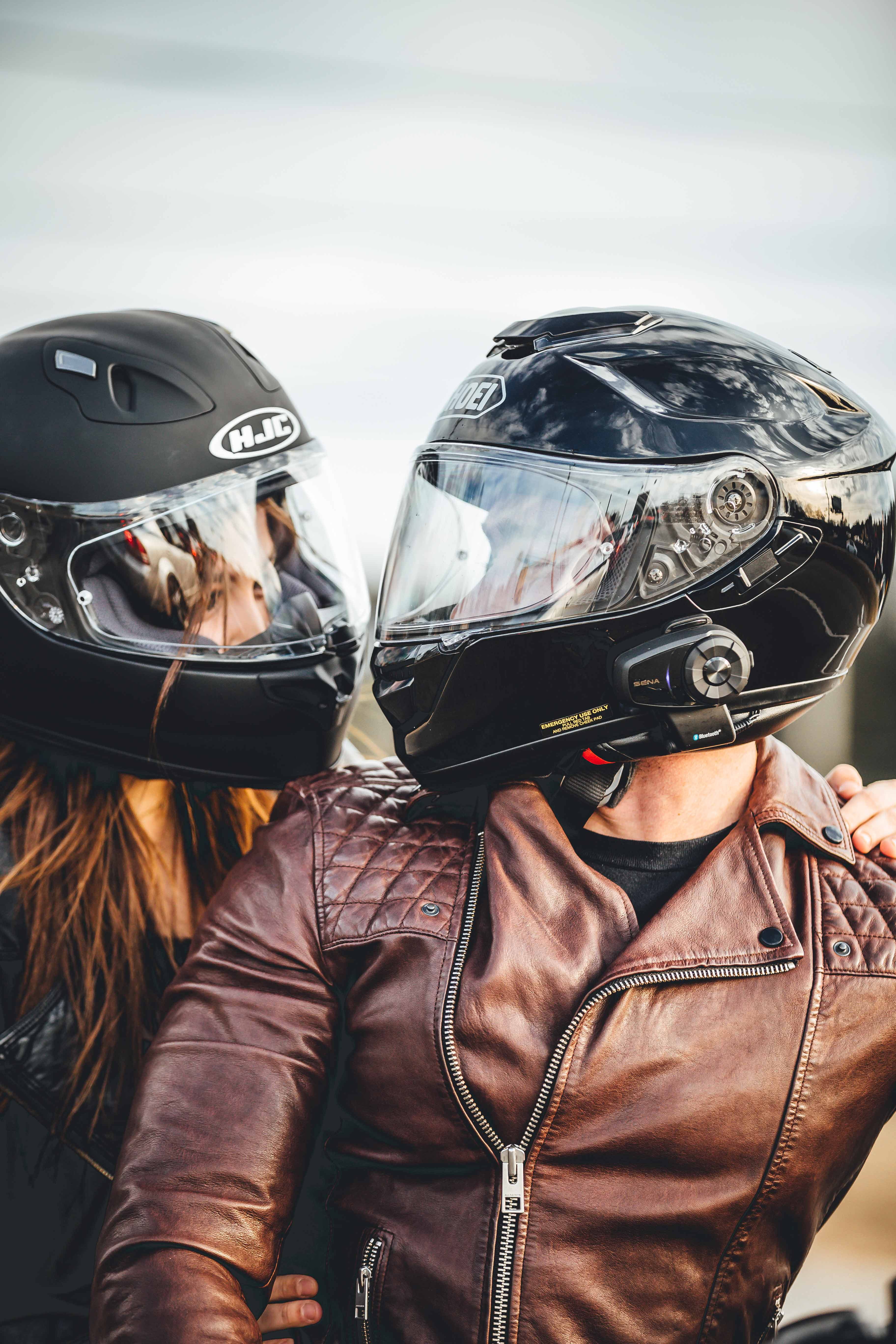 man and woman riding motorcycle, helmet, biker, couple, leather jacket
