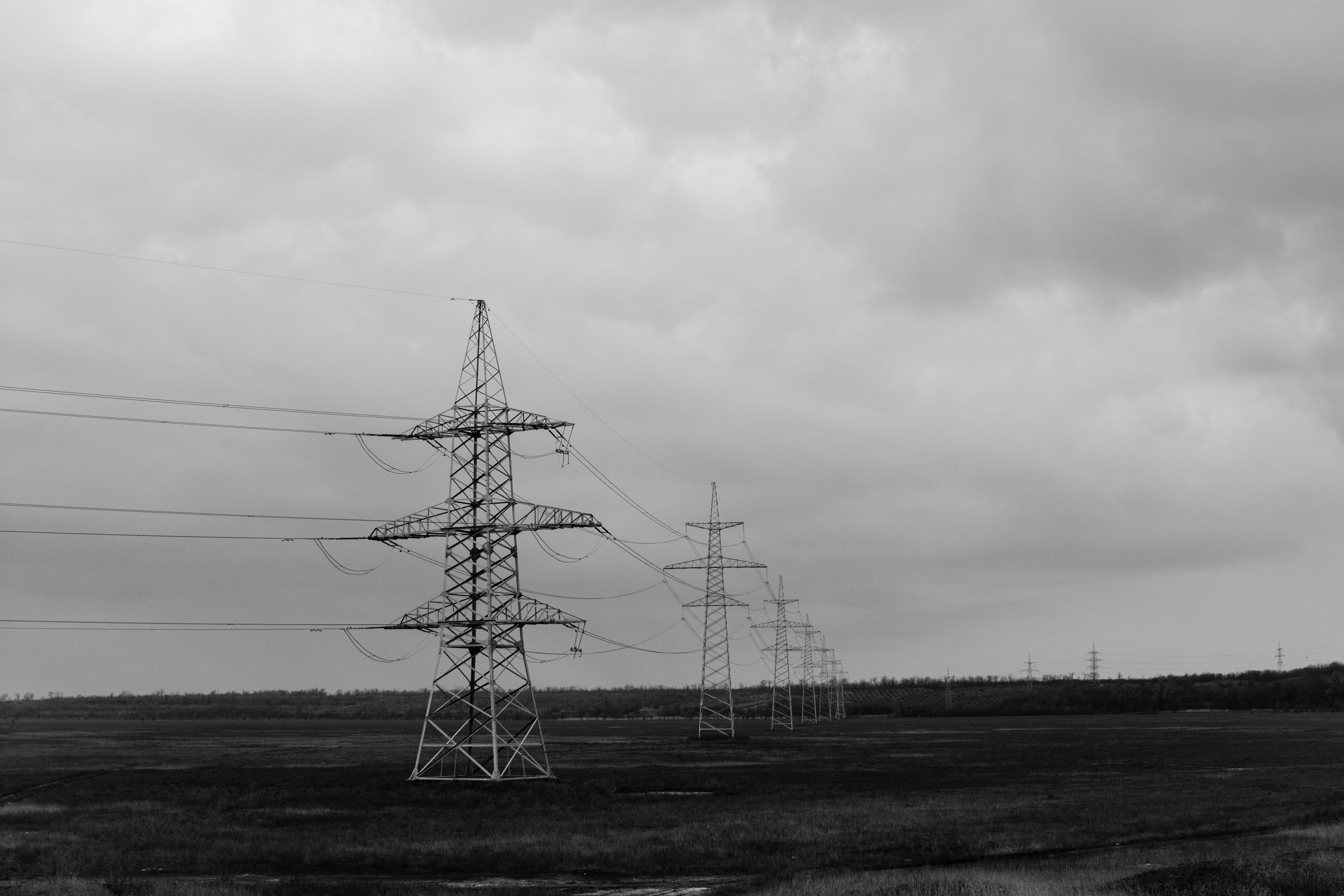 power lines, hydro, electrical, fields, grass, clouds, cloudy