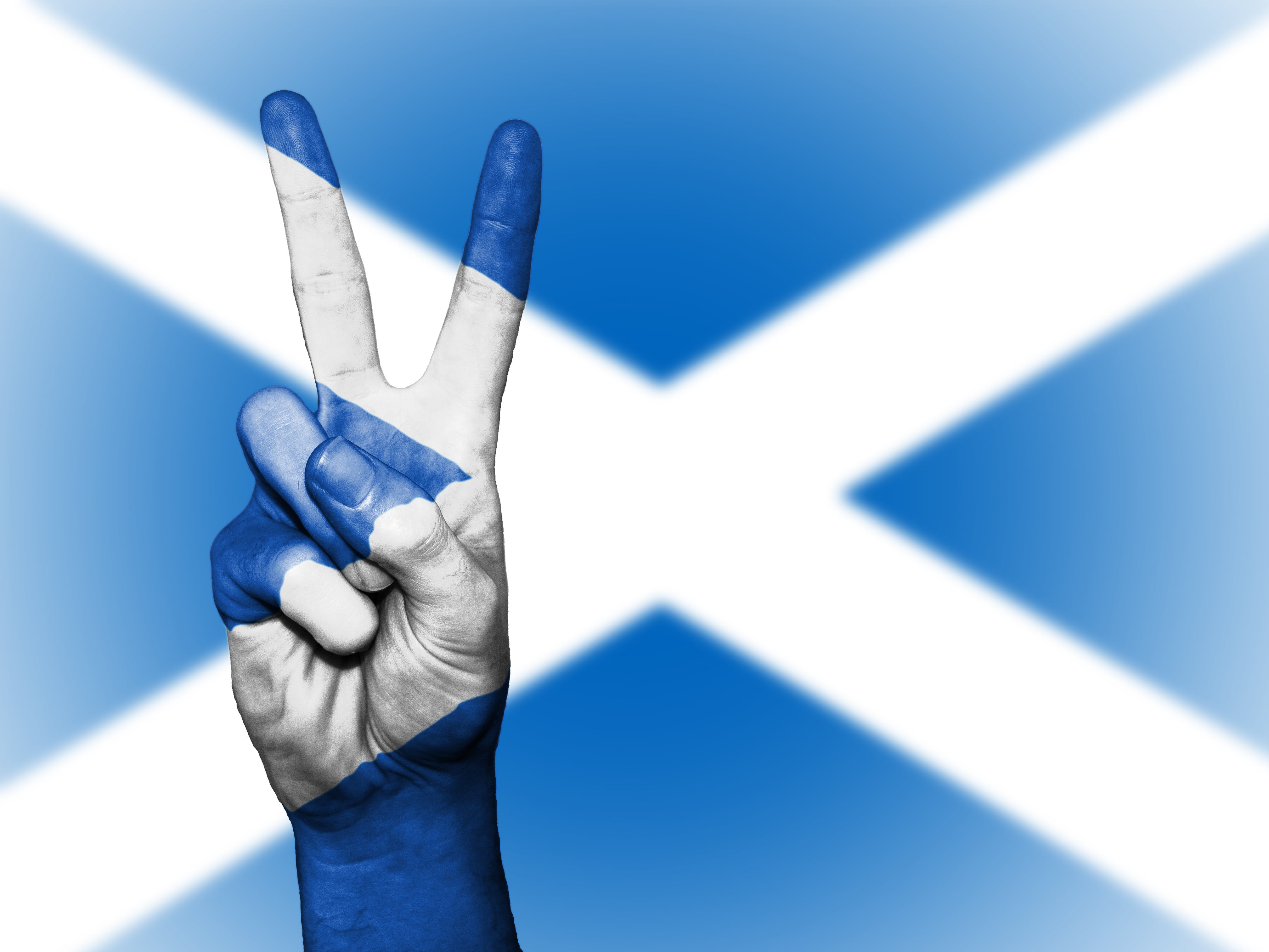 blue and white flag with peace hand sign, scotland, uk, britain