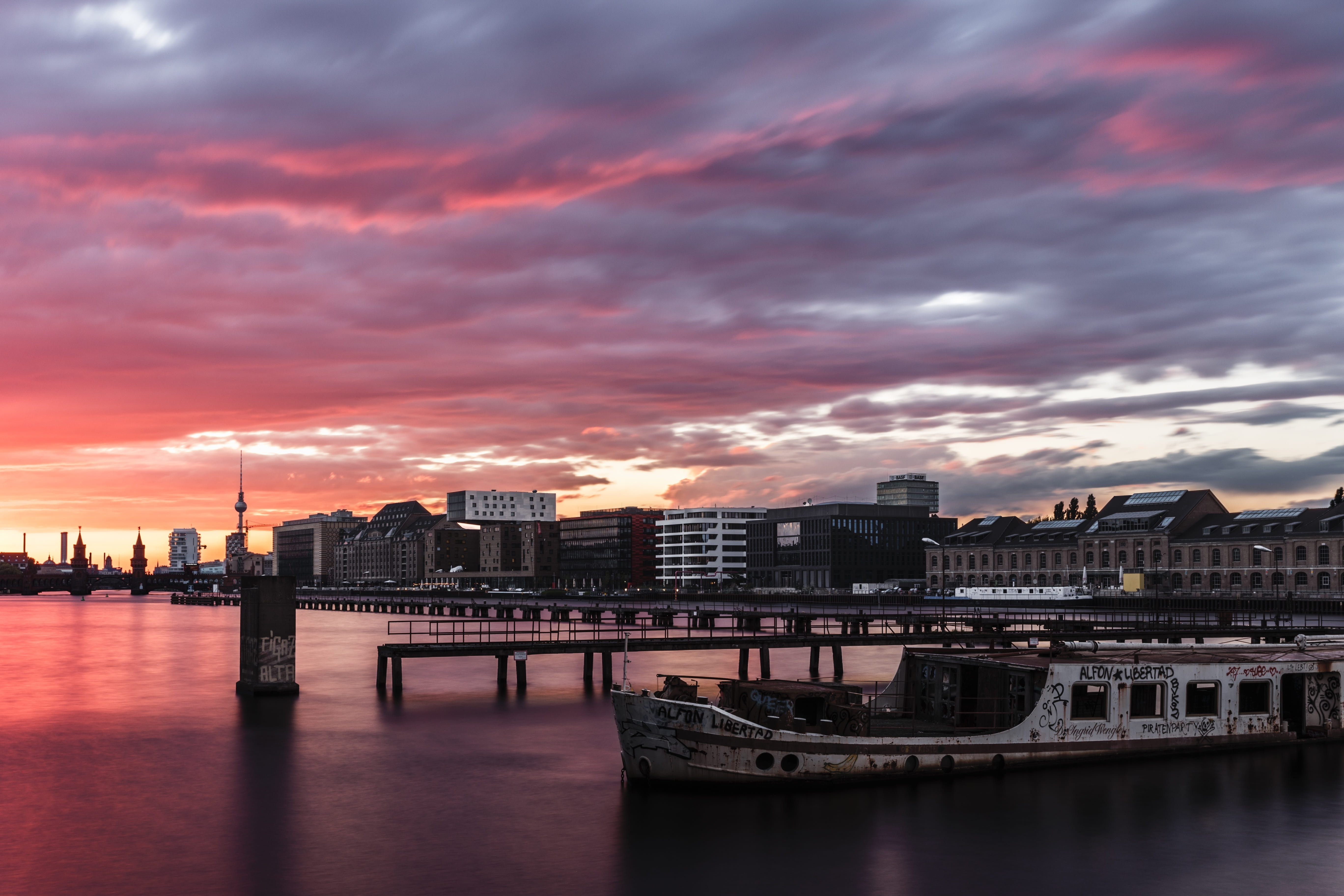 clouds, sky, building, skyline, structure, boat, architecture