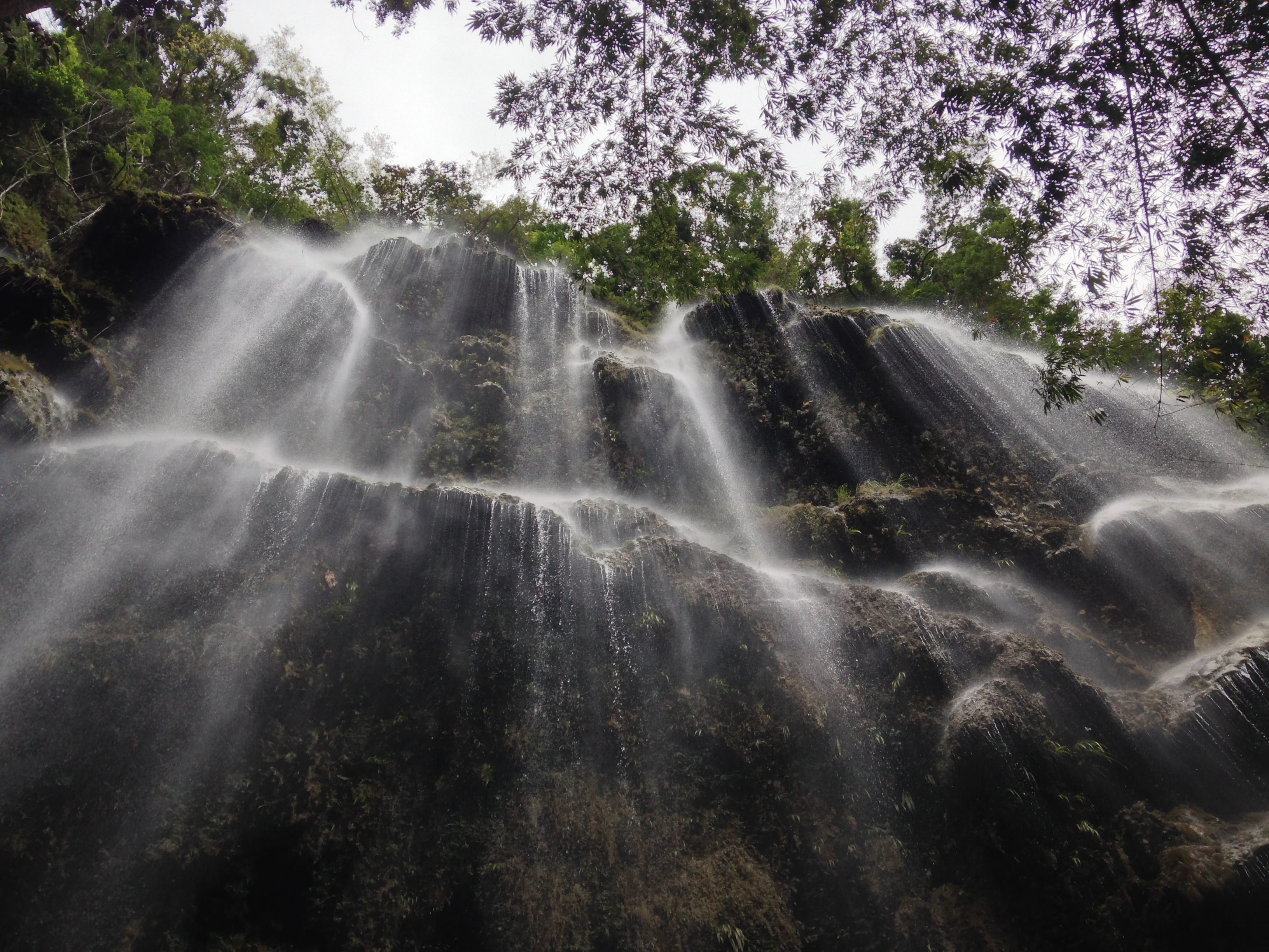 waterfall, perspective, nature, flow, flowing, rock, sky, trees