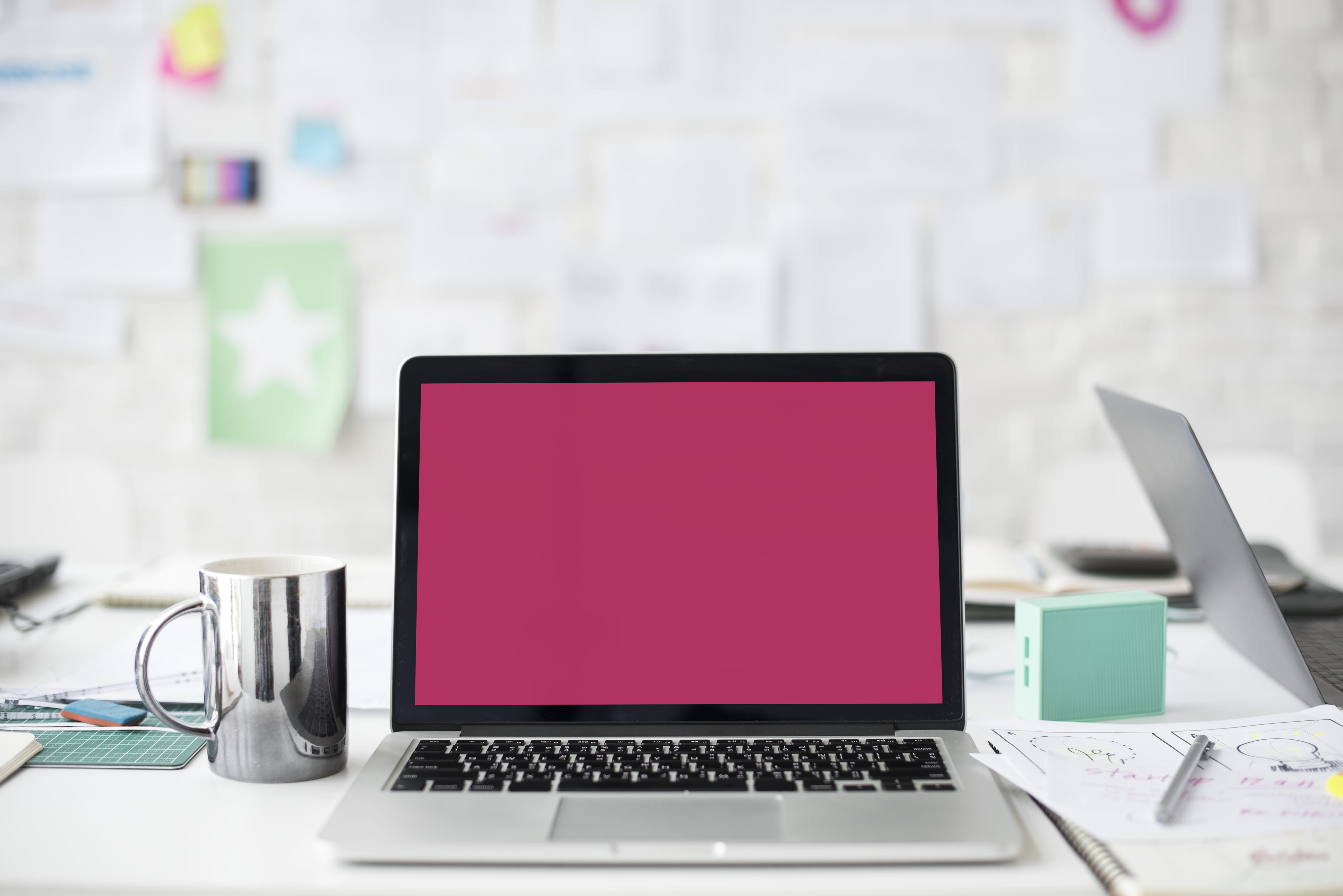 cup, mug, apple, desk, computer, device, display, electronics