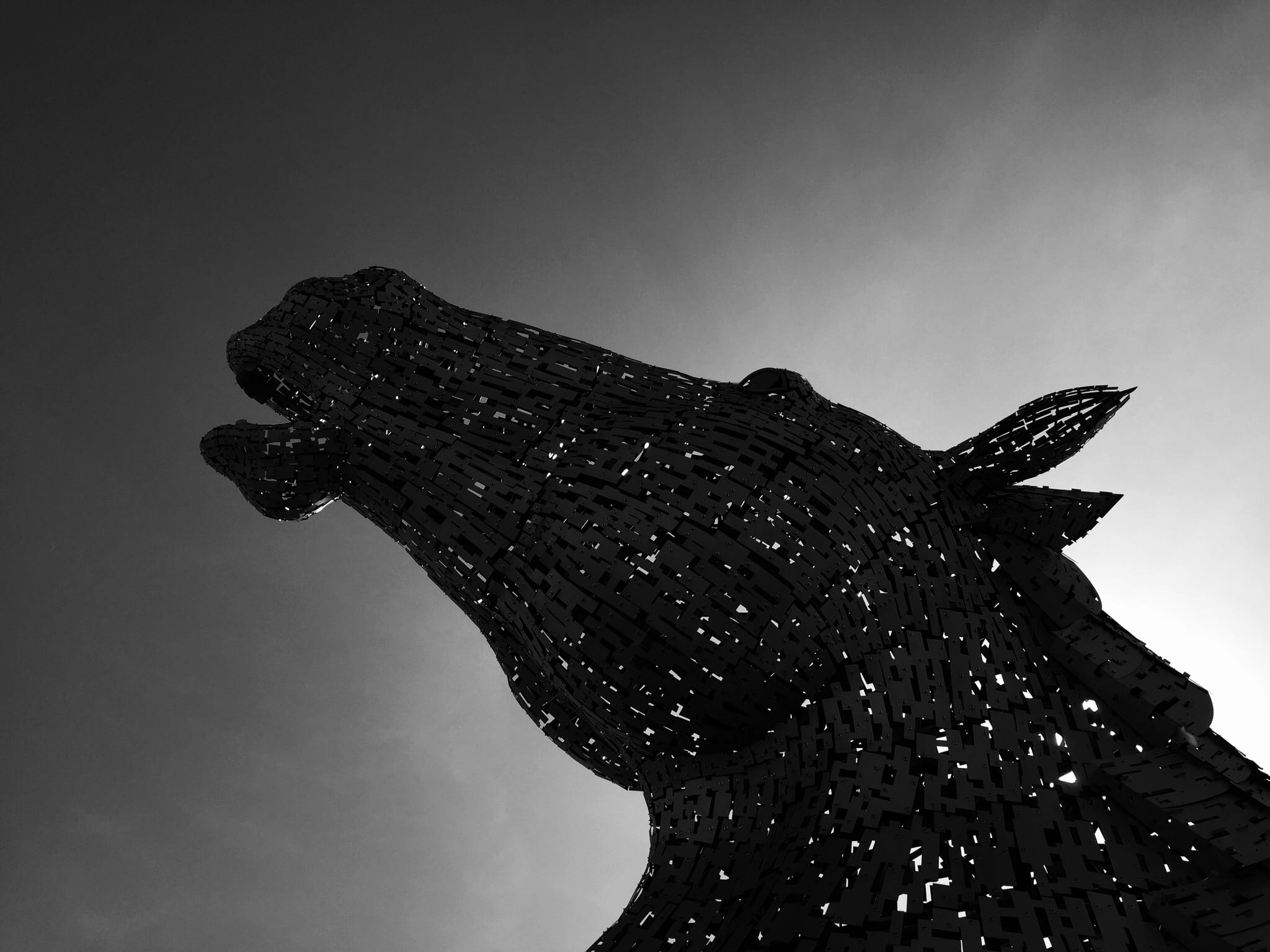 horse, dark, statue, sky, sculpture, low angle view, representation