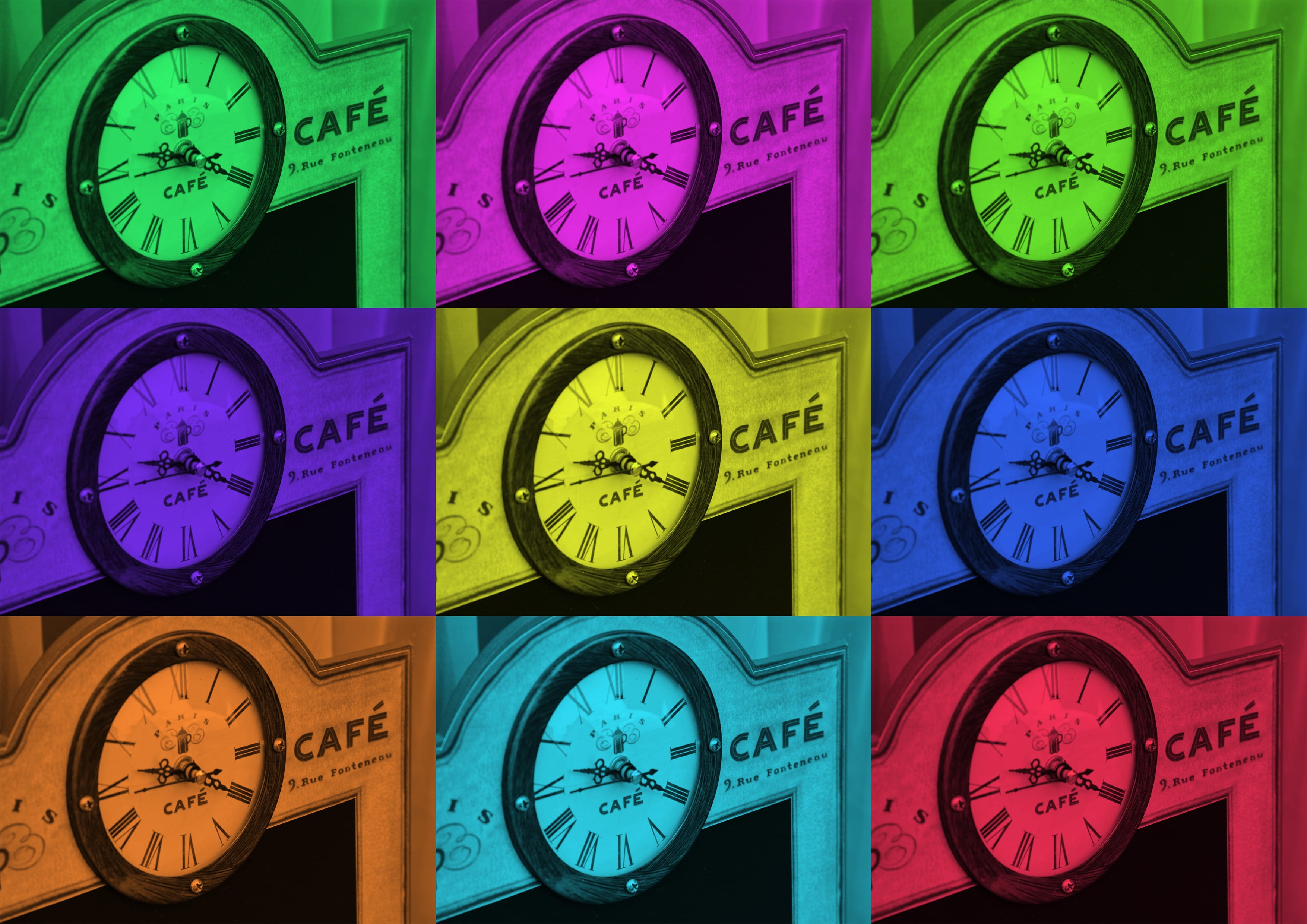 round analog clock at 10:20 collage, cafe, time of, board, shield