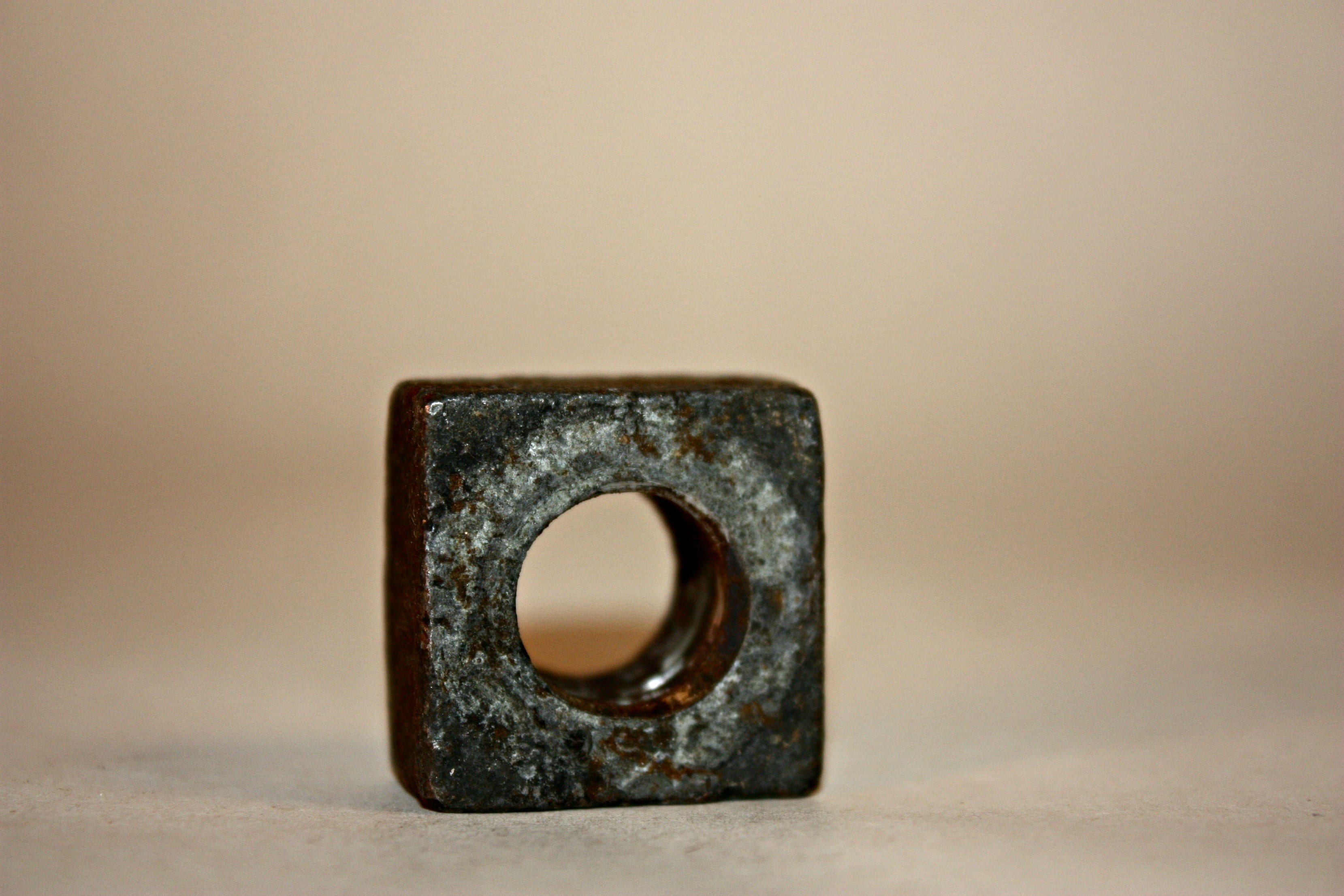 Brass Square Ring, circle, rust, square nut, single object, indoors