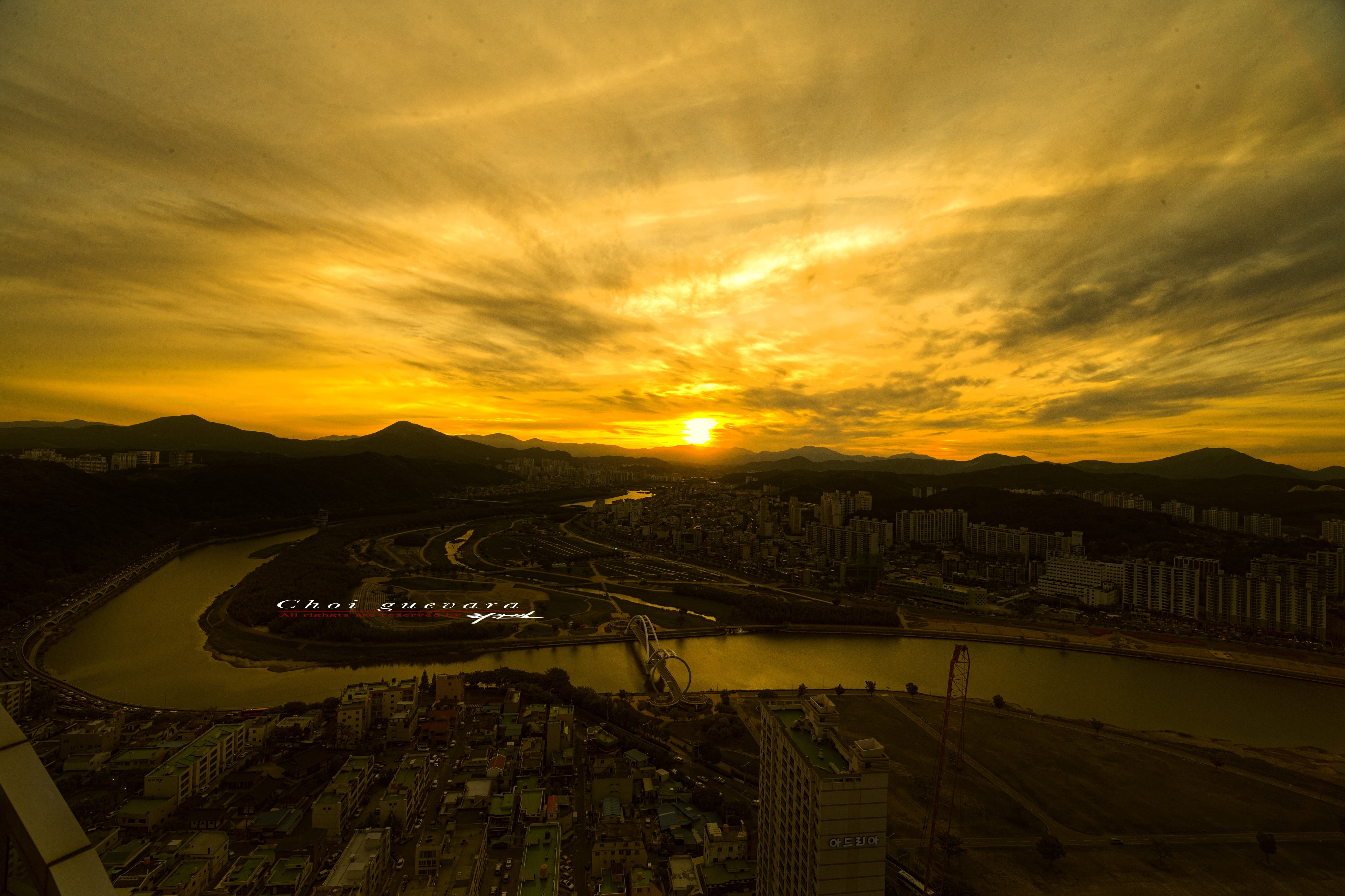 sunset, river, sky, transportation, cloud - sky, high angle view