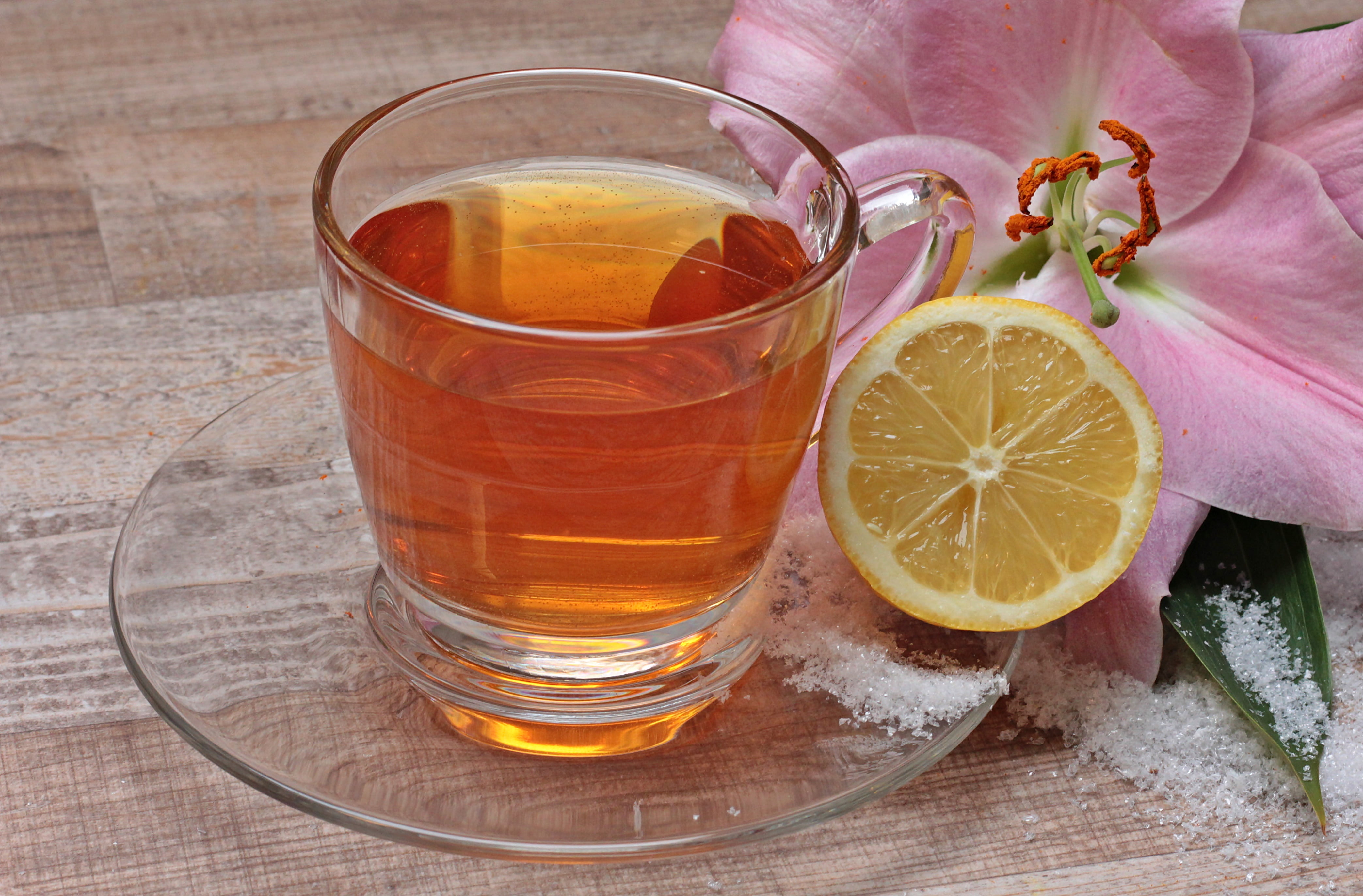 glass of tea and citrus, tee, lemon, flower, blossom, bloom, lily