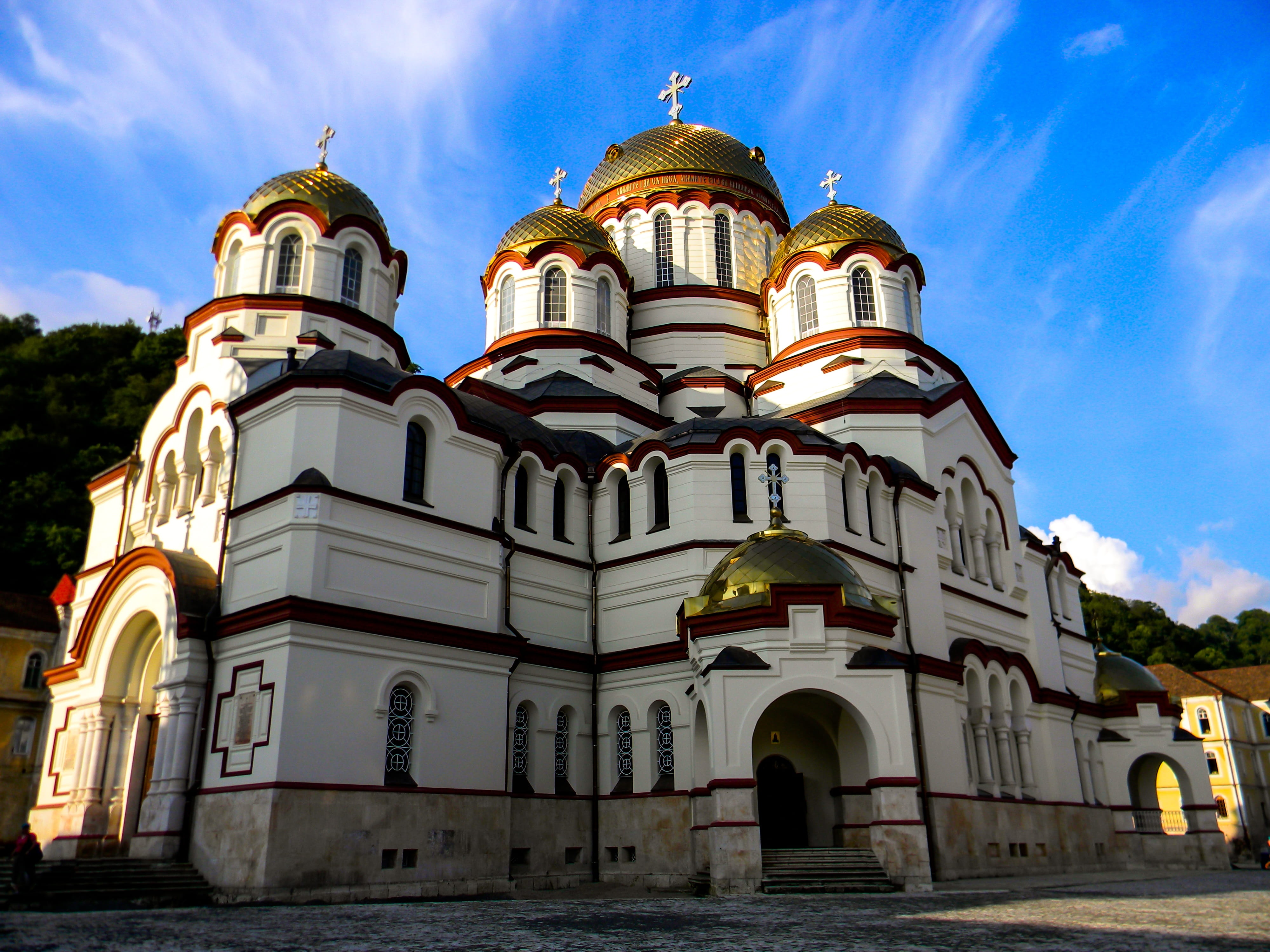 architecture, travel, orthodox, sky, church, new athos, monastery