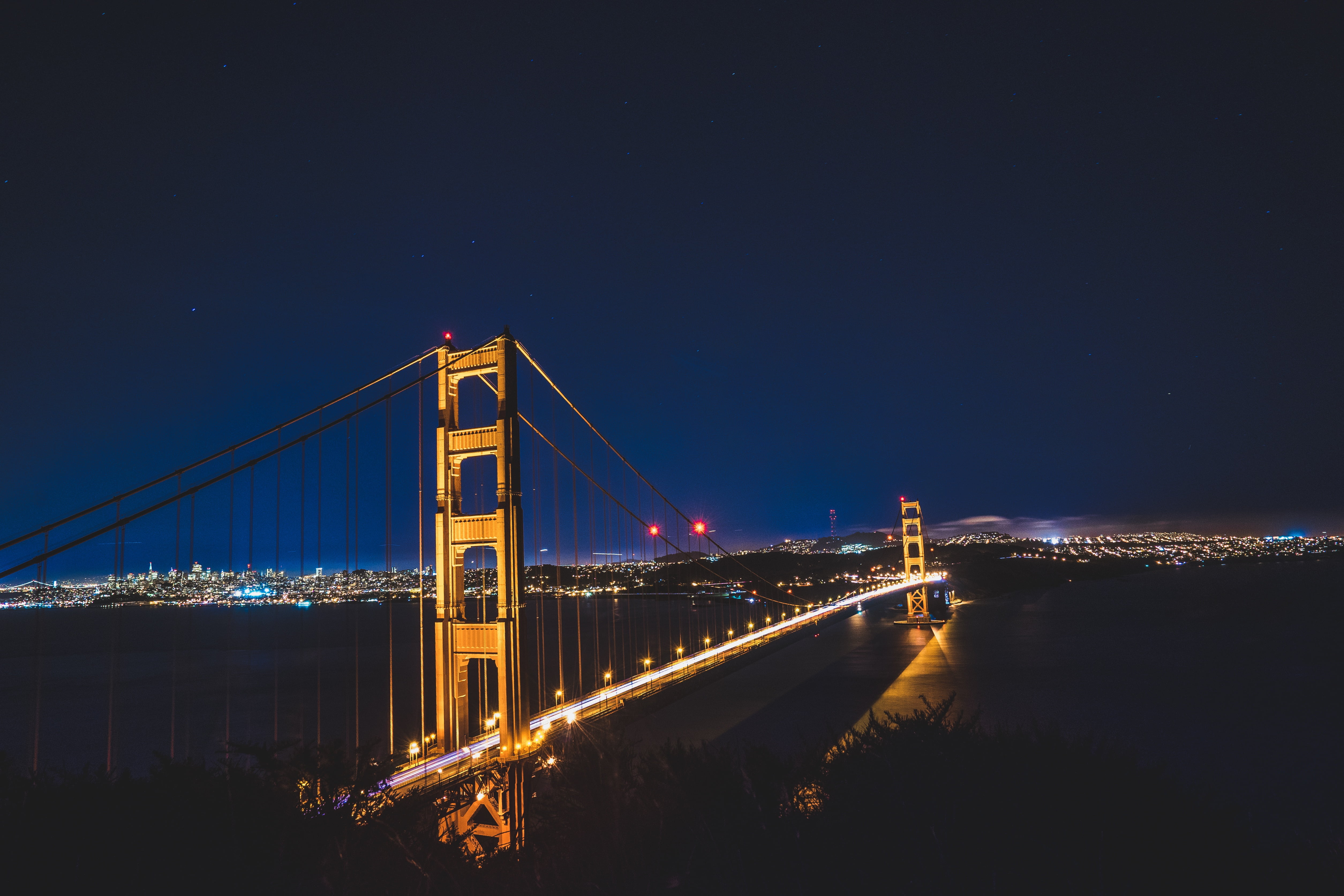 Golden Gate Bridge at night time, suspension, dark, illuminated