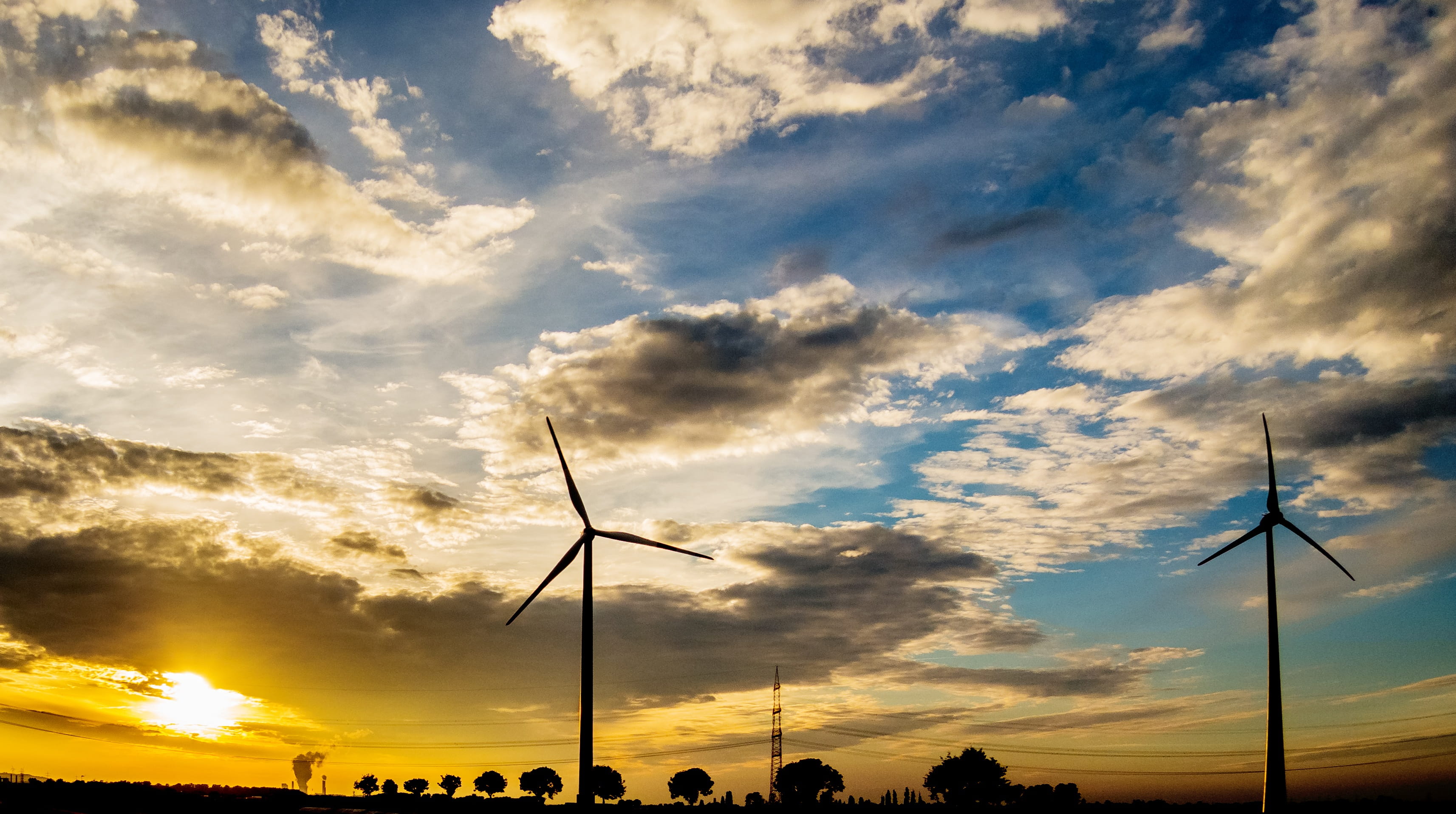 sunset, windräder, abendstimmung, clouds, trees, orange, blue