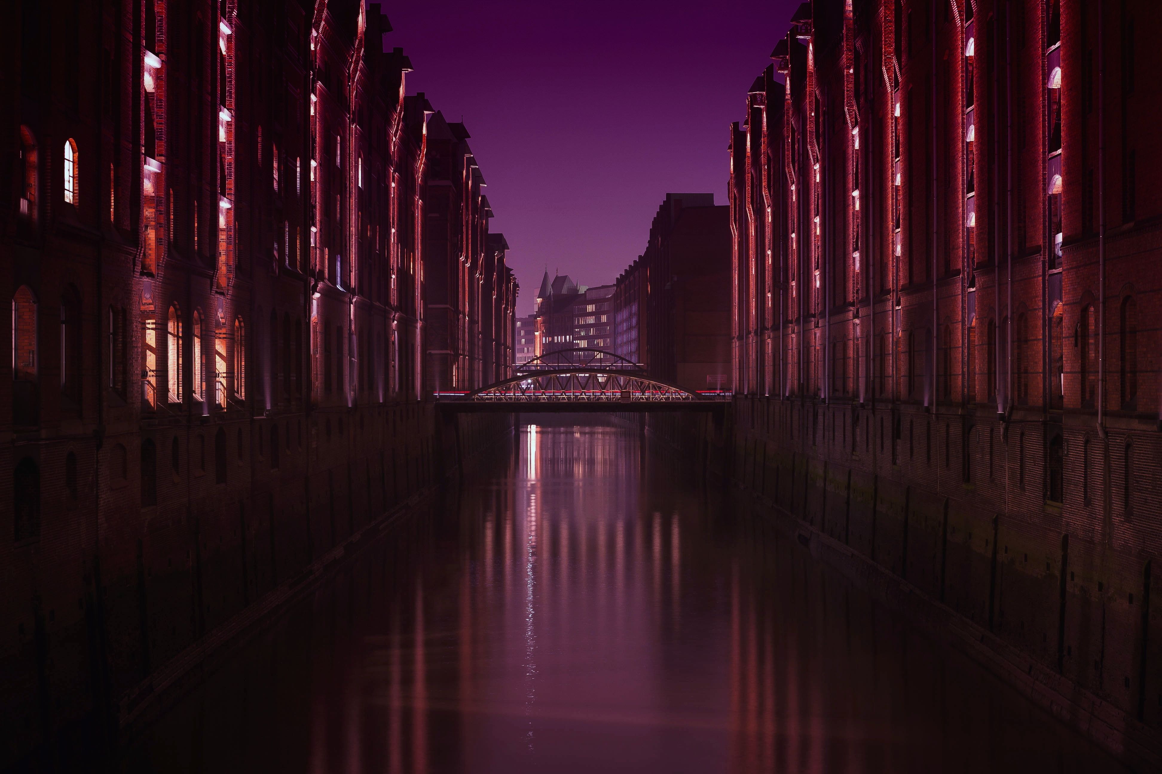 architecture, reflection, illuminated, darkness, light, hamburg
