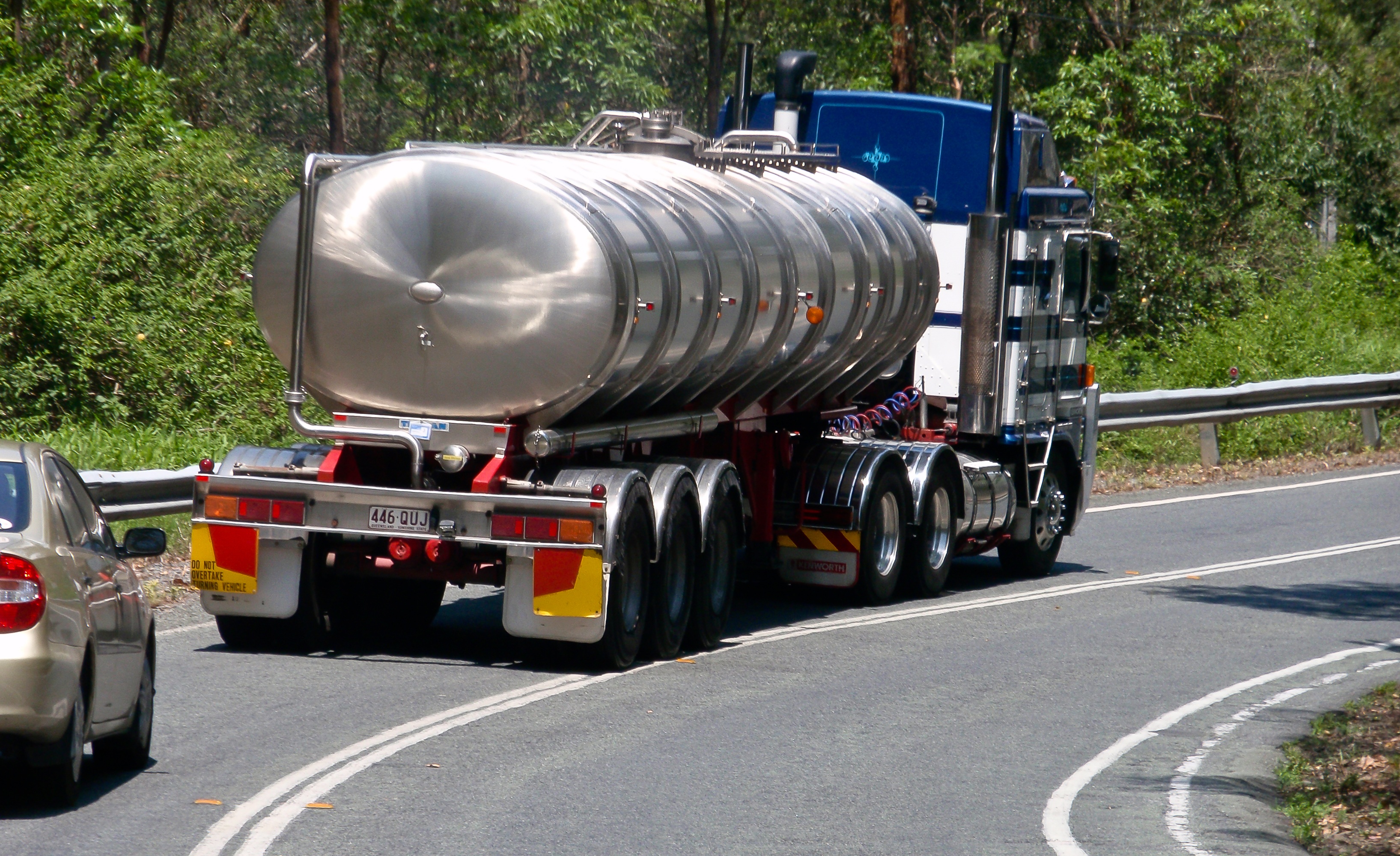 white freight truck on road, tanker, water carrier, metal, vehicle