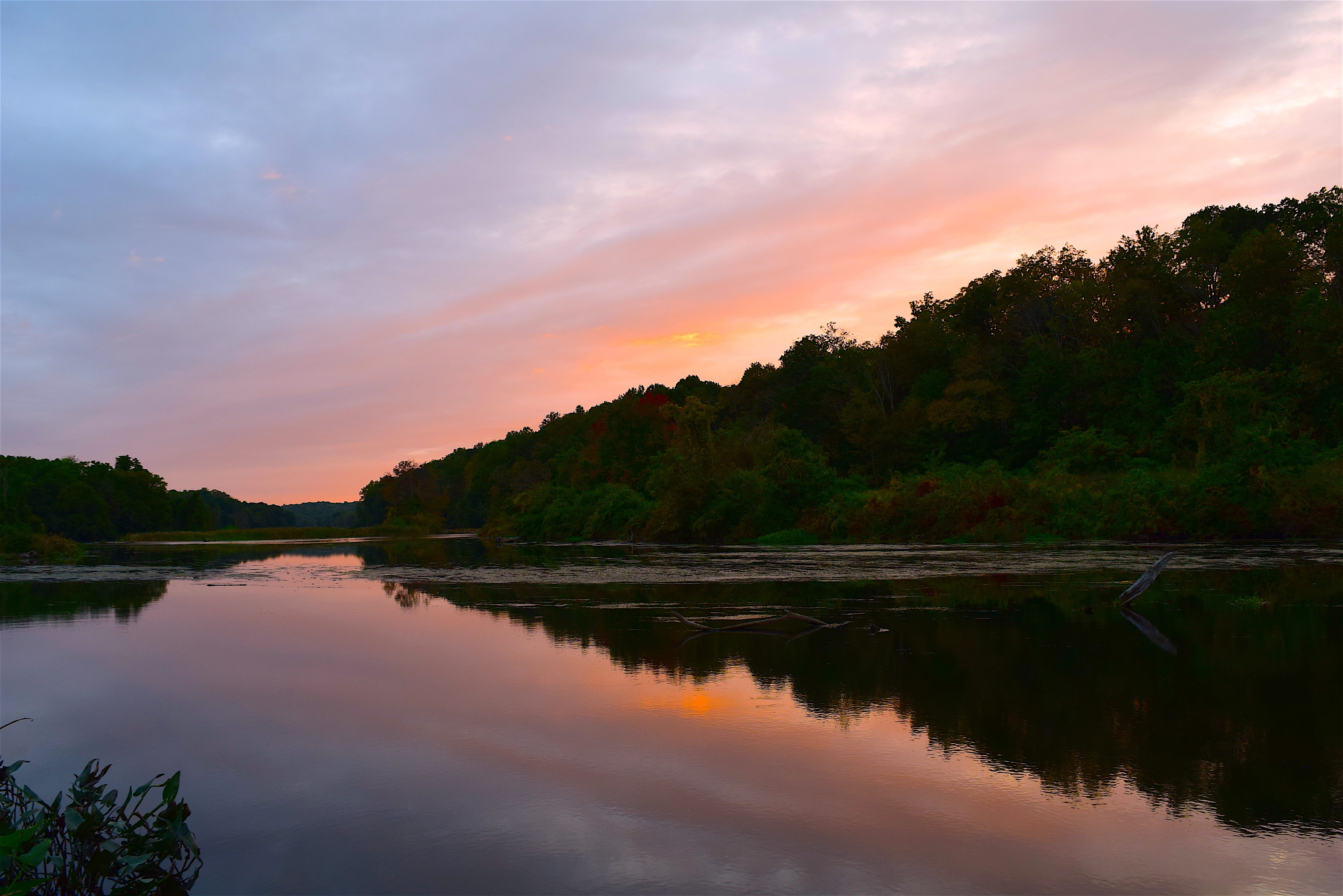 sunset, sky, mountain, trees, water, lake, reflection, nature