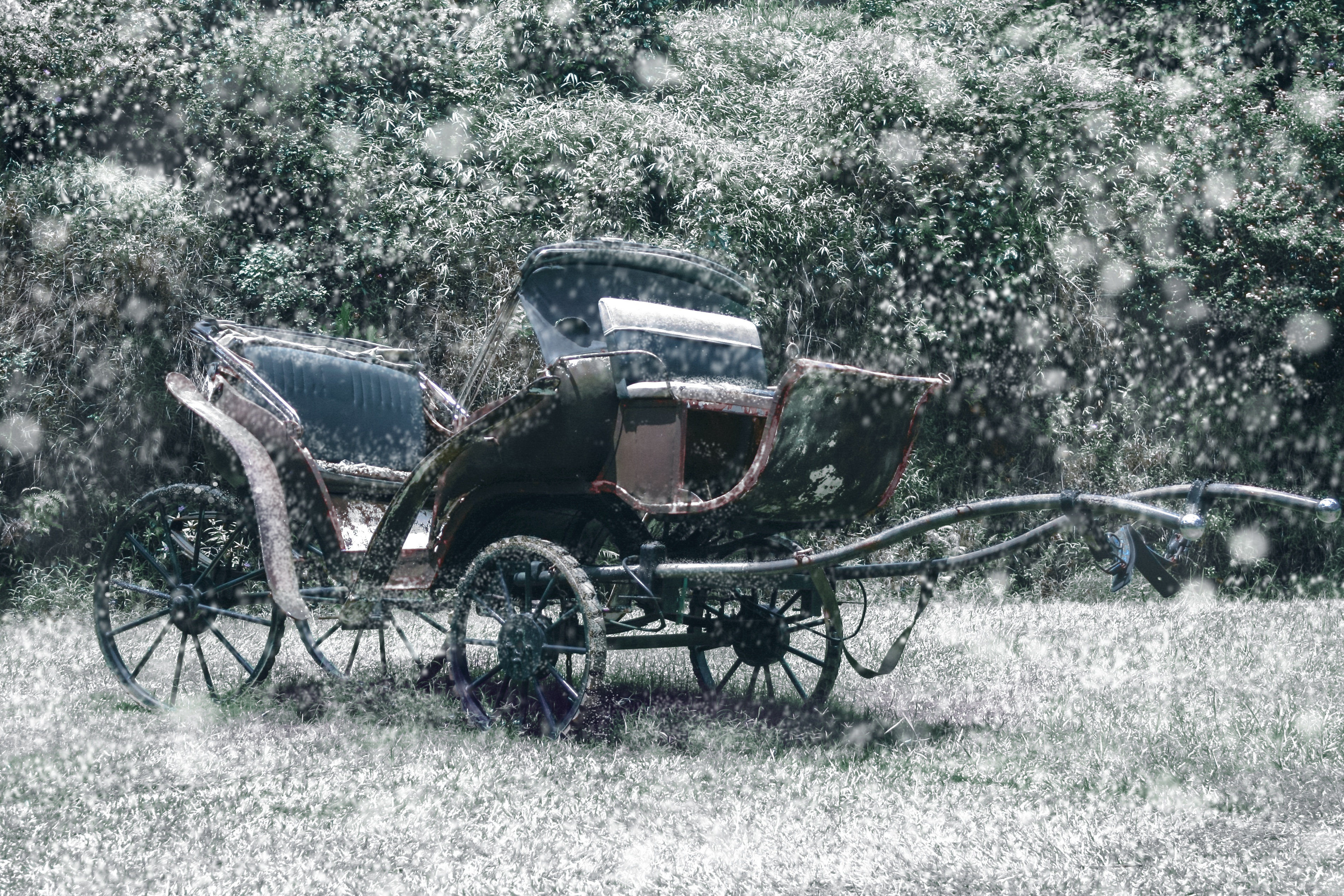 study, winterfall, snow, old, wheel, old-fashioned, transportation