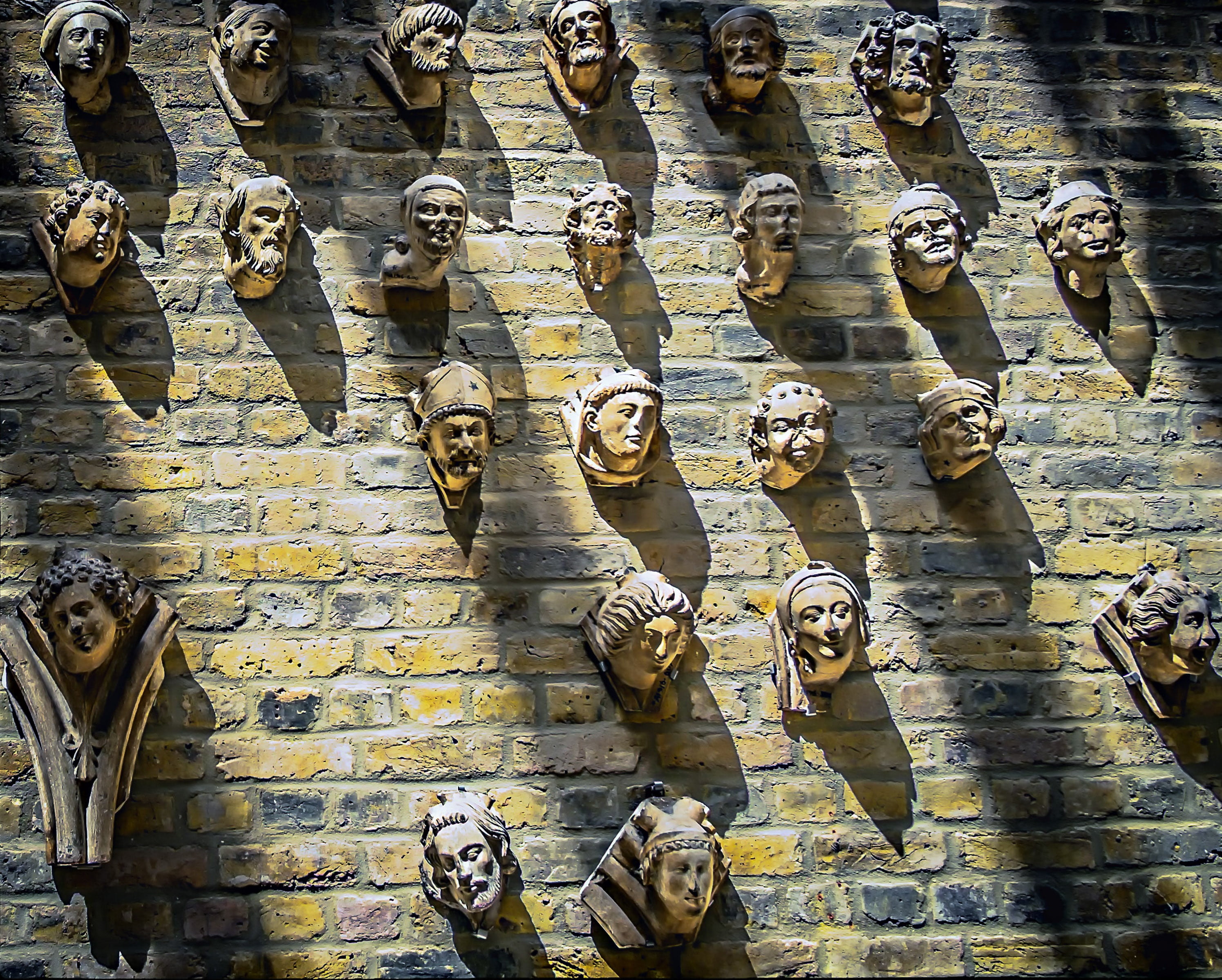 faces, wall, light, shadow, portrait, expression, modern, space