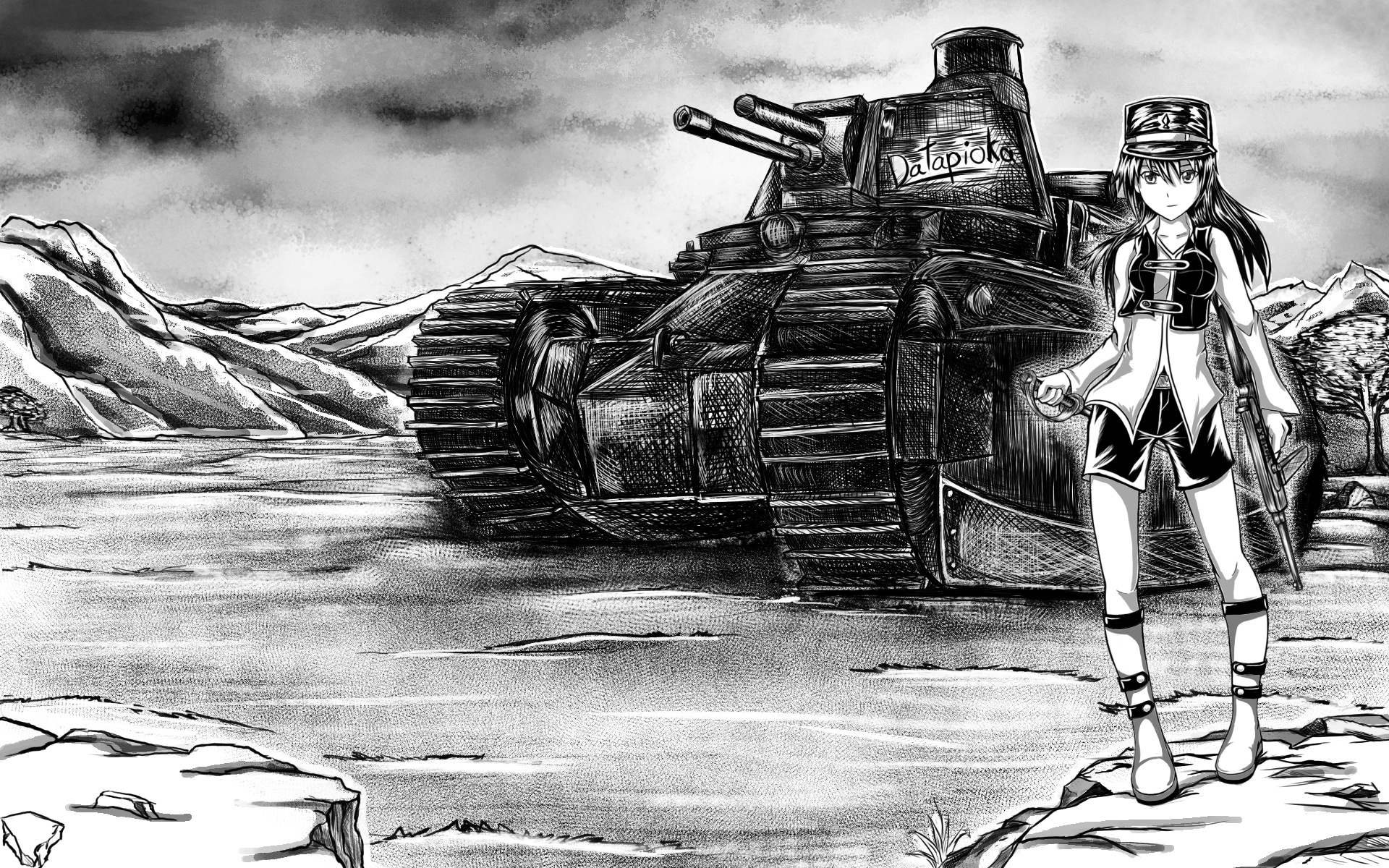 girl in romper dress standing near battle tank sketch, anime