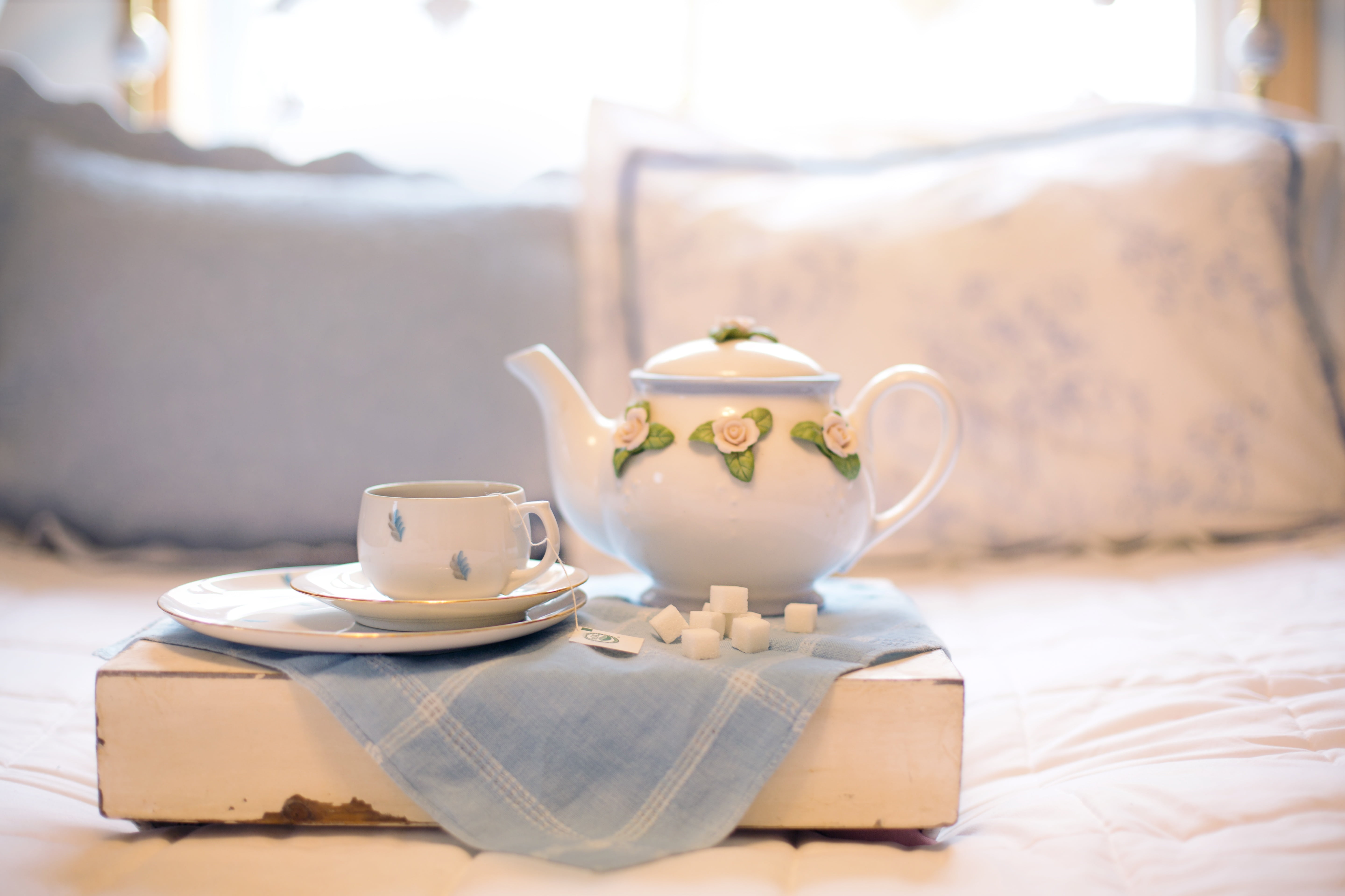 shallow focus photography of white ceramic teapot beside teacup