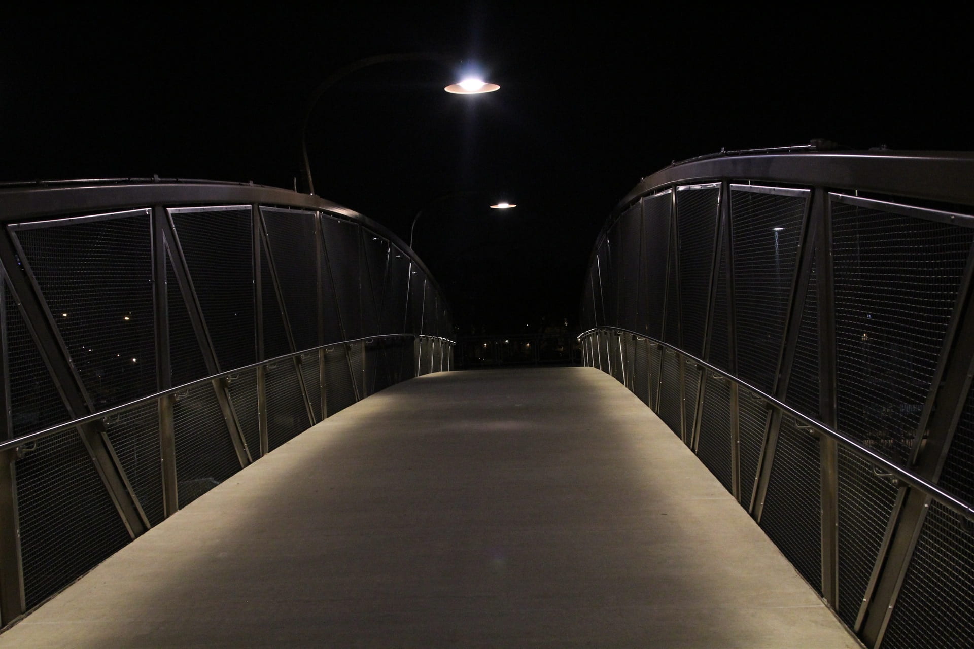 bridge, pathway, light, dark, night, illuminated, architecture