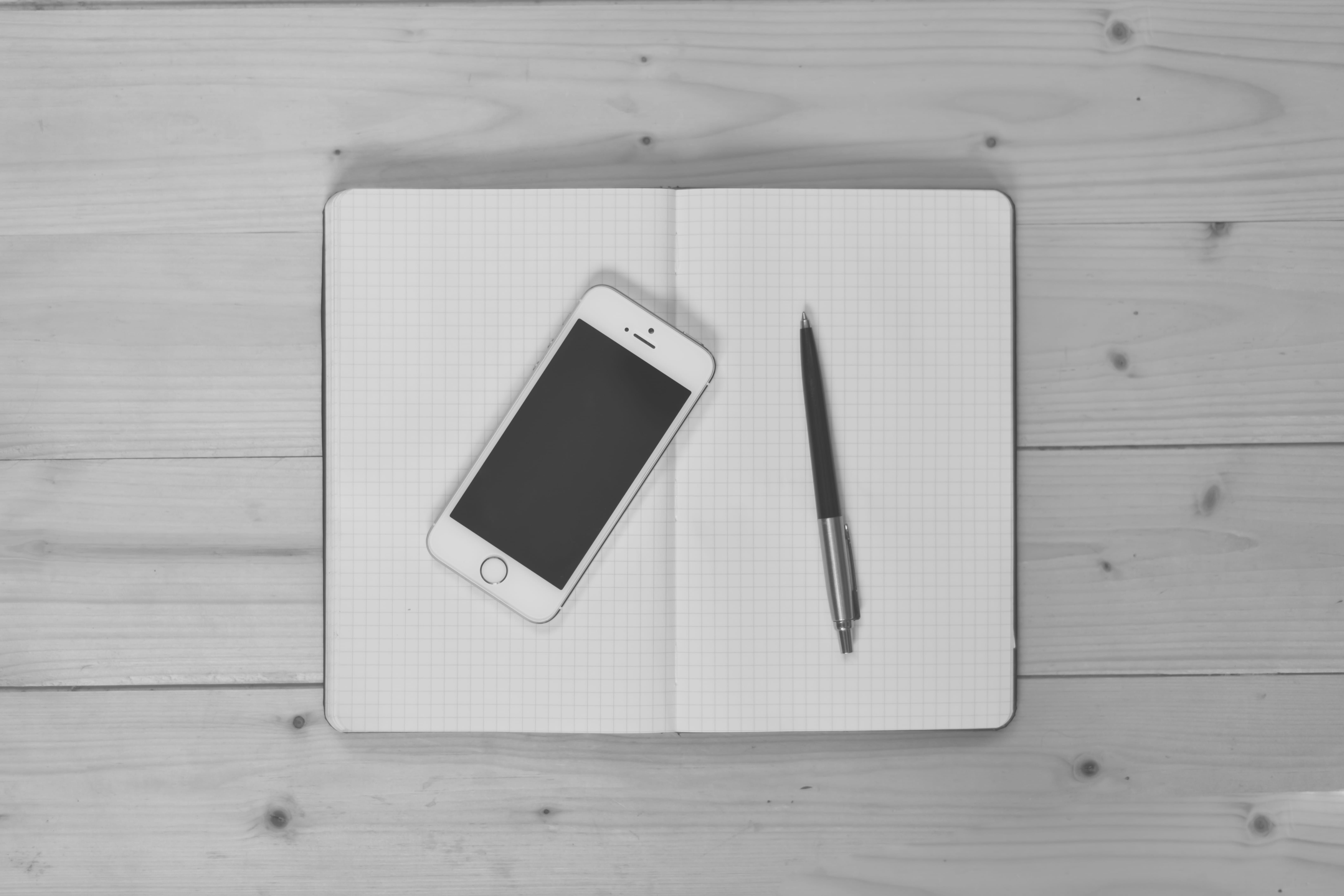 black-and-white, apple, iphone, smartphone, desk, notebook, notes