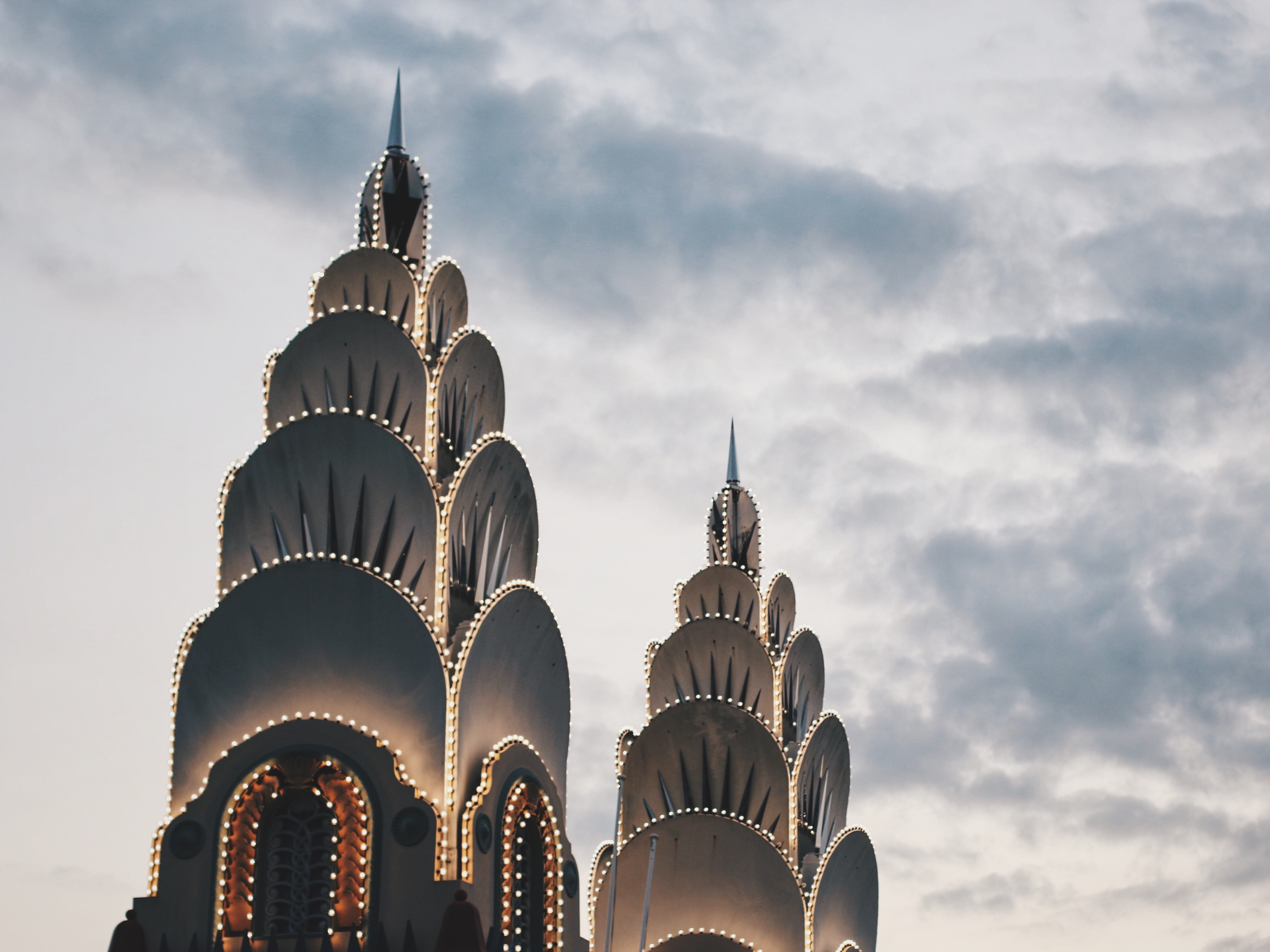 establishment, tower, clouds, sky, light, dark, architecture