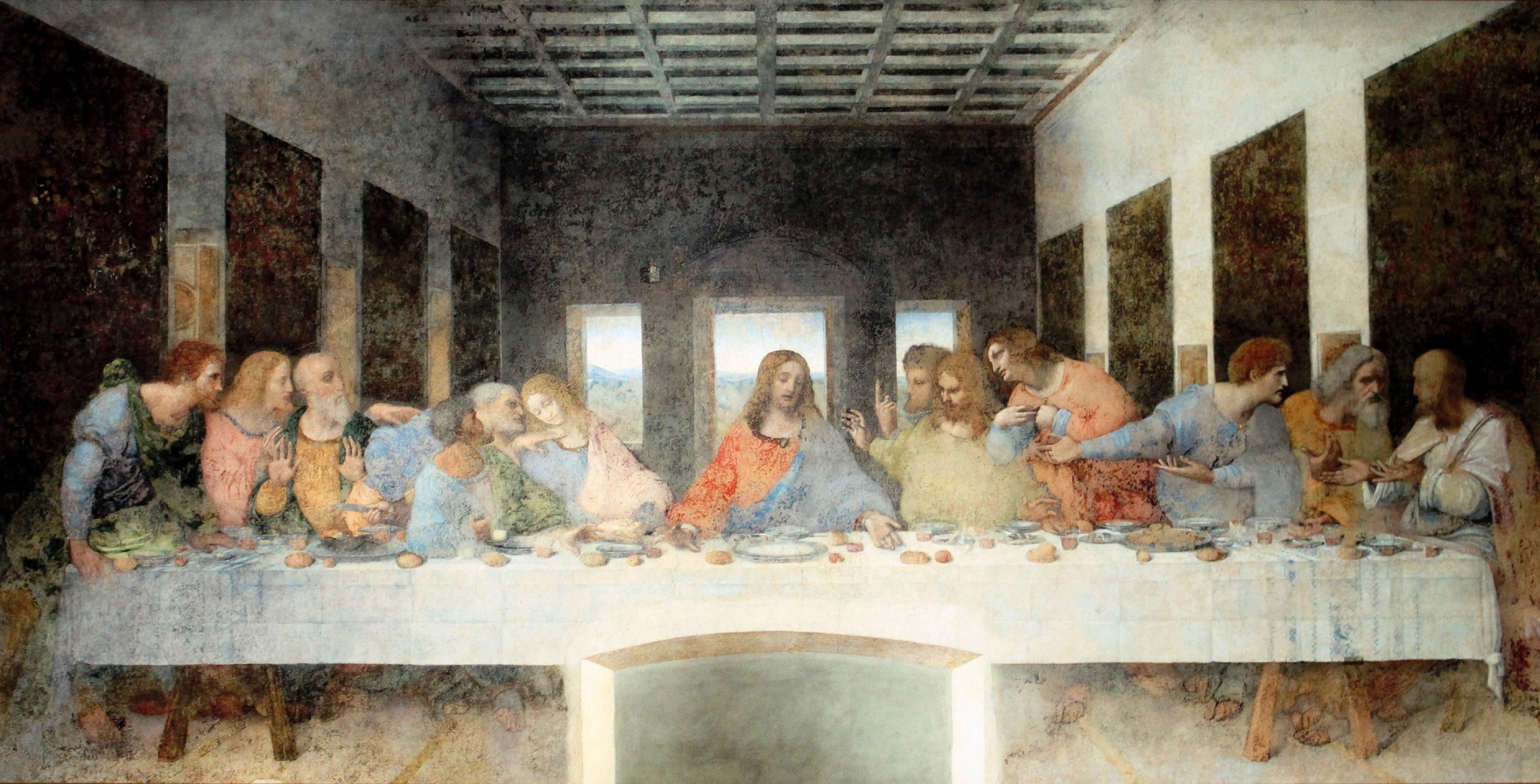 The Last Supper painting by Leonardo Da Vinci, artwork, mural