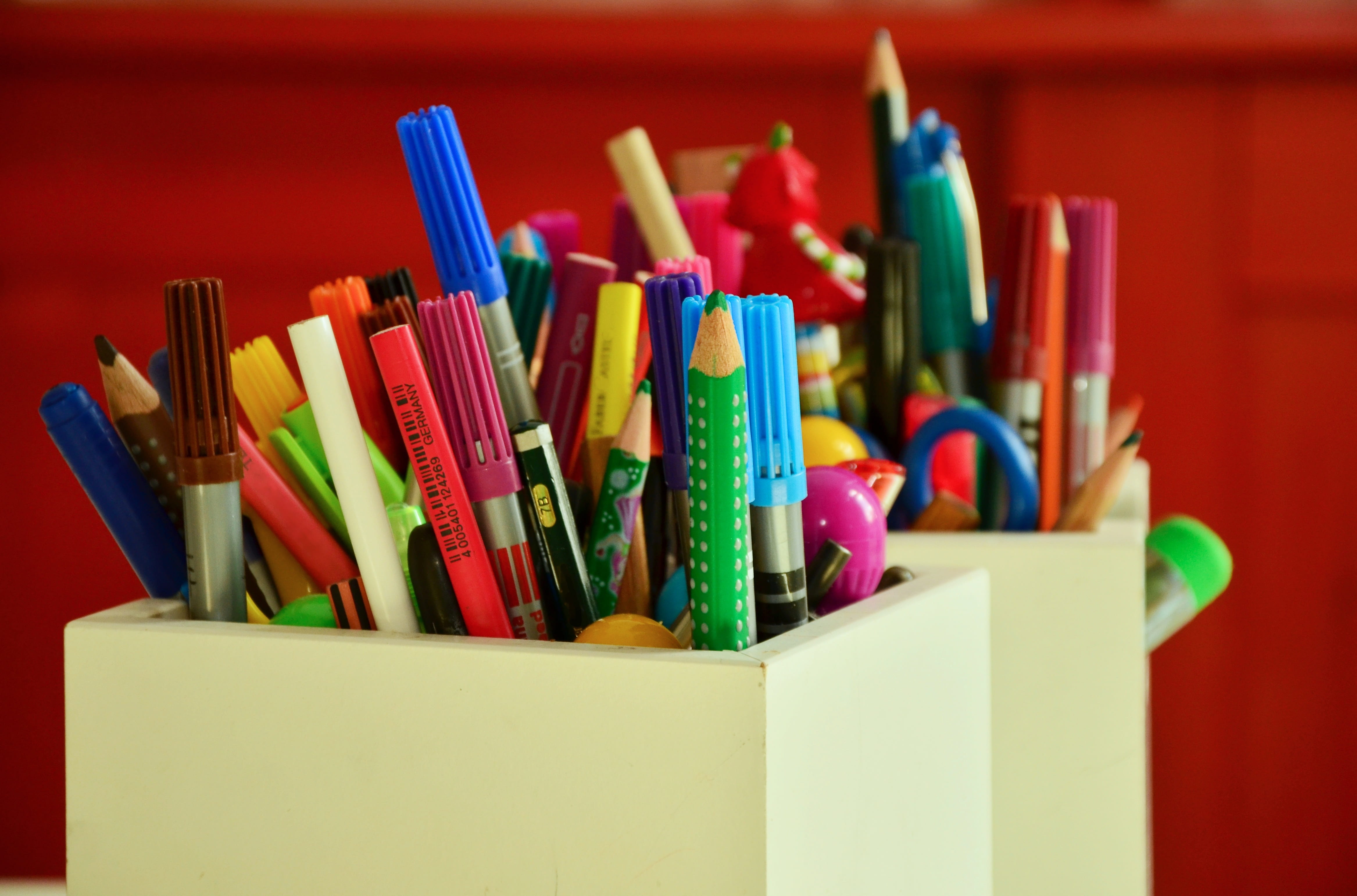 assorted pen lot, pens, colored pencils, colour pencils, pen box