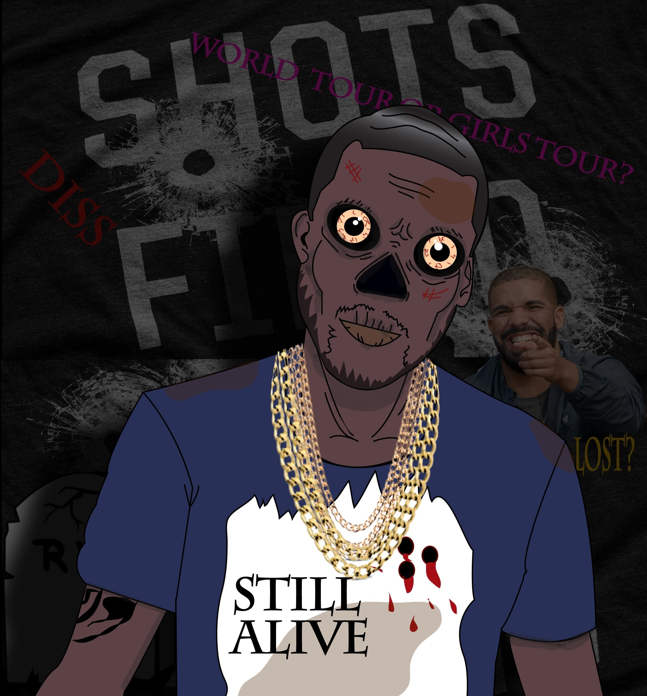 zombie, meek mills, rapper, cartoon, text, front view, portrait