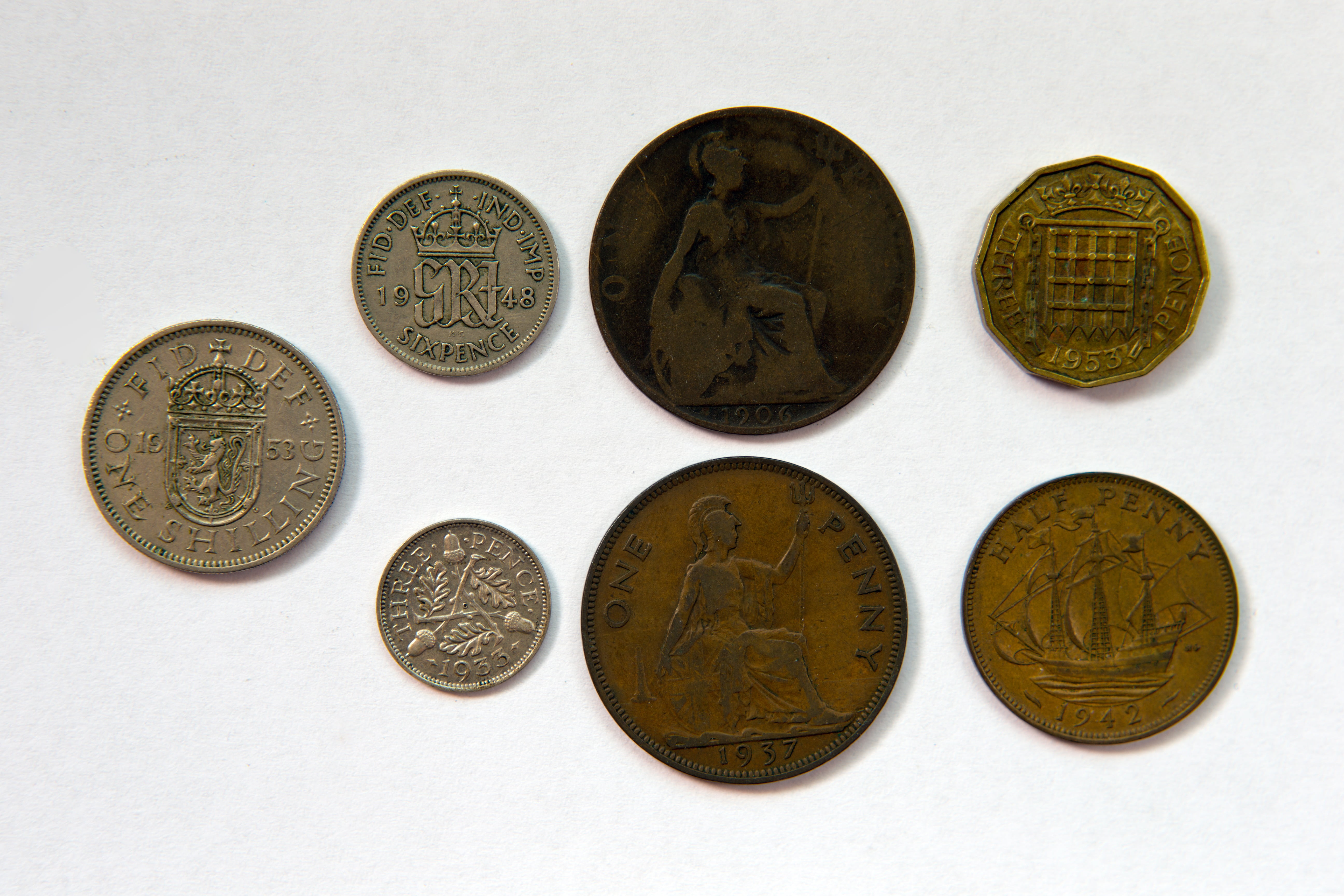 british coinage, reverse faces, pre-decimalisation, soiled