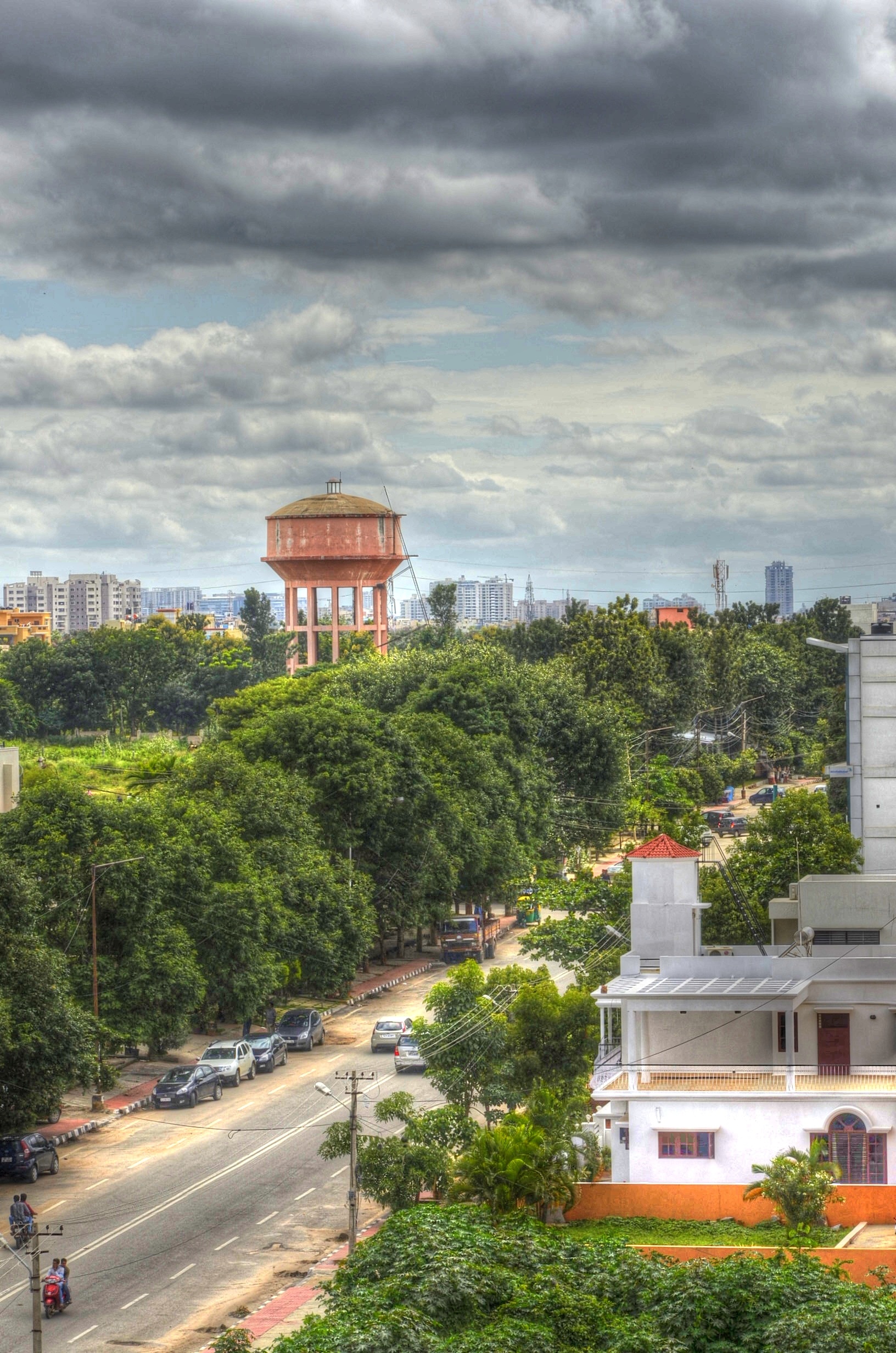 water tank, bangalore, india, city, town, landscape, road, hdr
