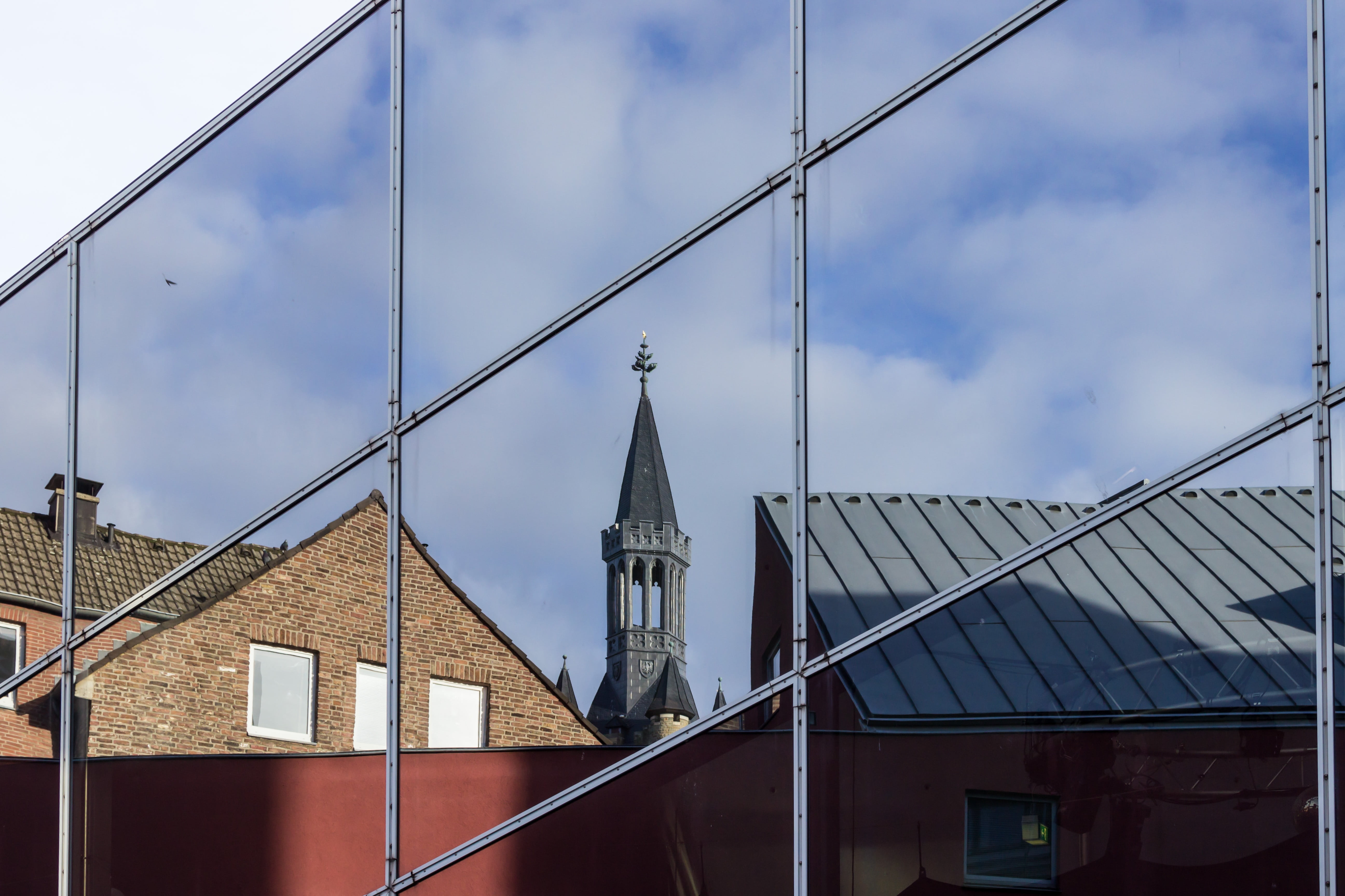 steeple, tower, mirroring, facade, window, reflection, sky