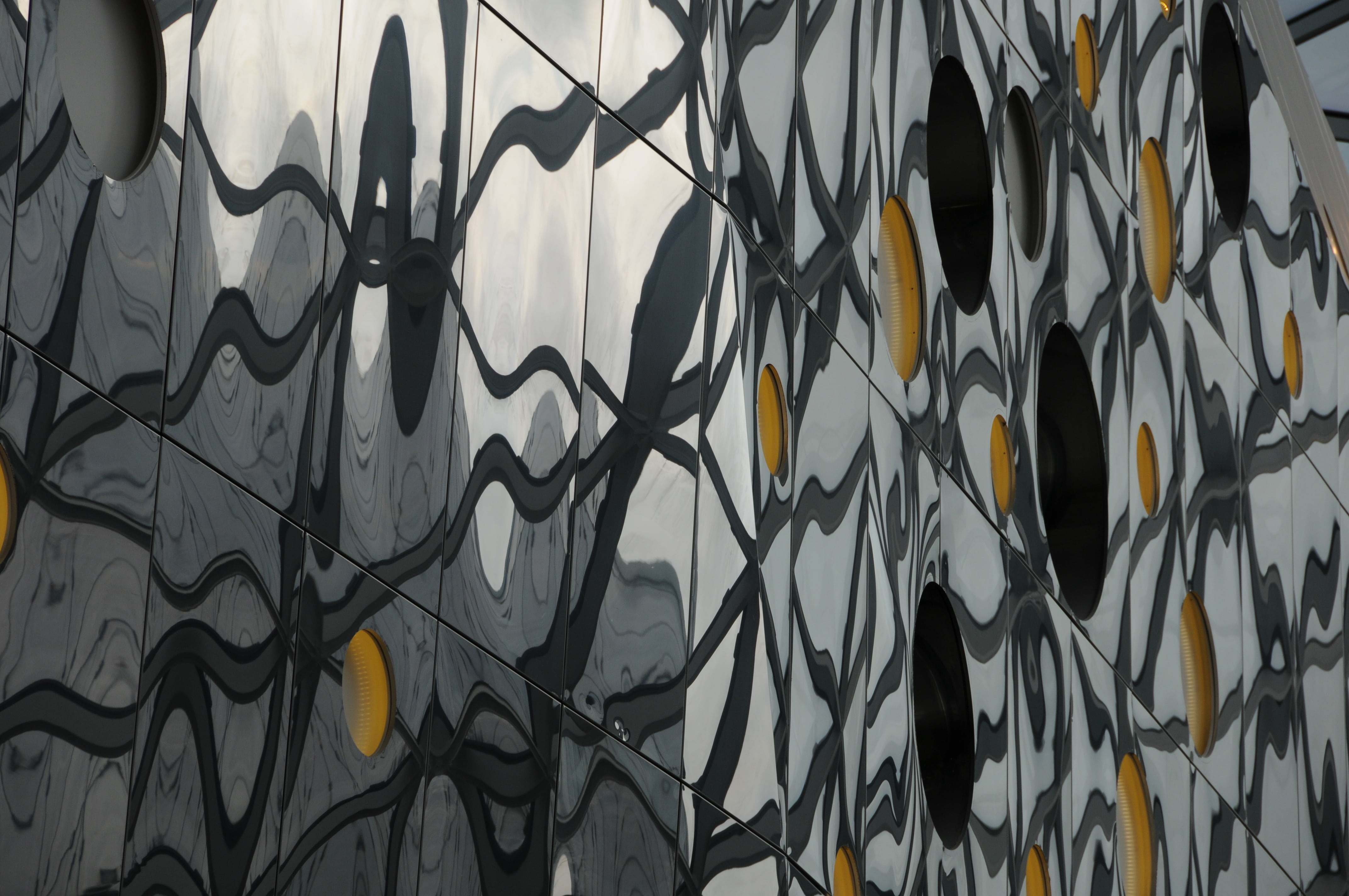facade, building, triangles, circle, reflections, mirroring