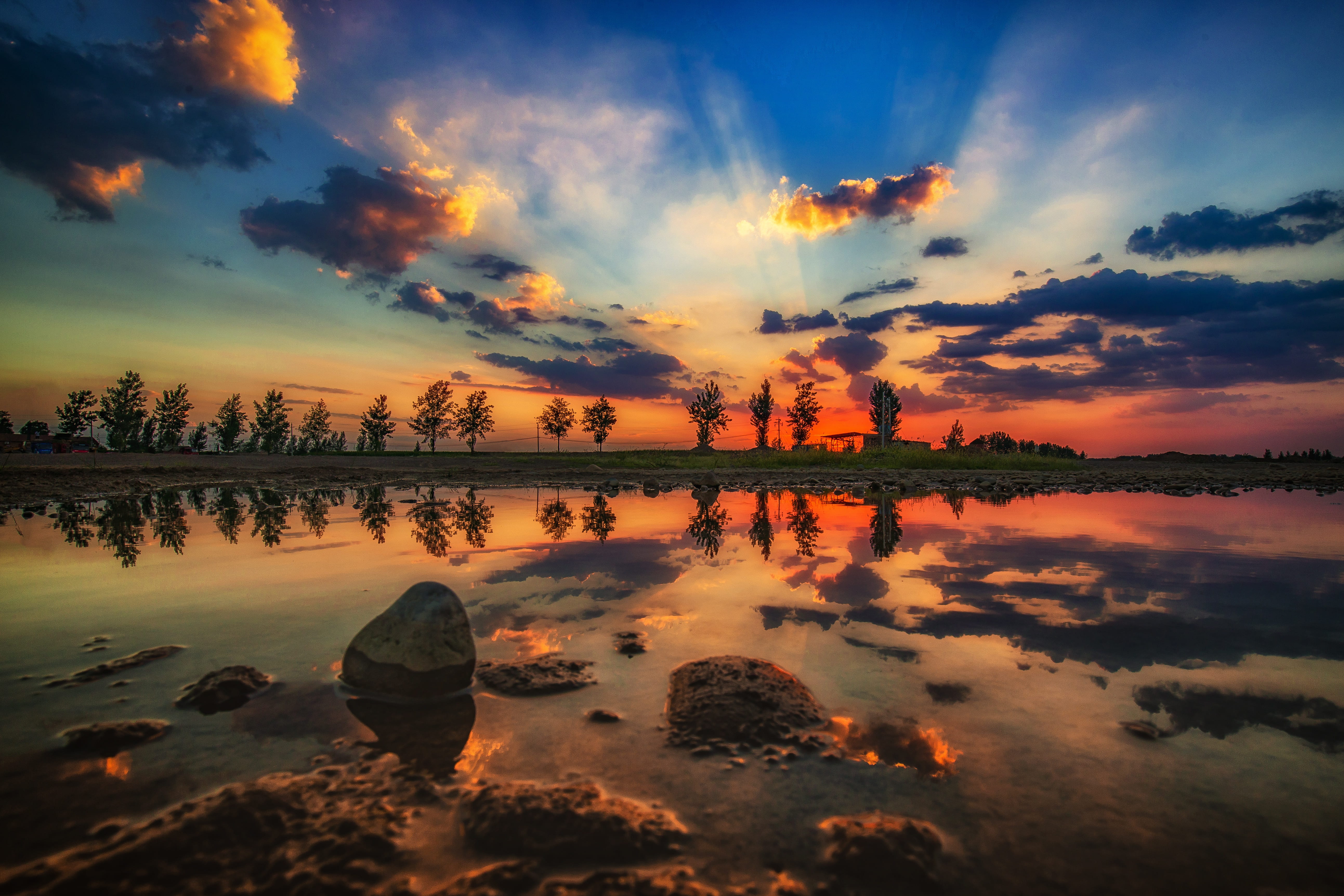 sunset, waters, reflection, landscape, beautiful, summer, light