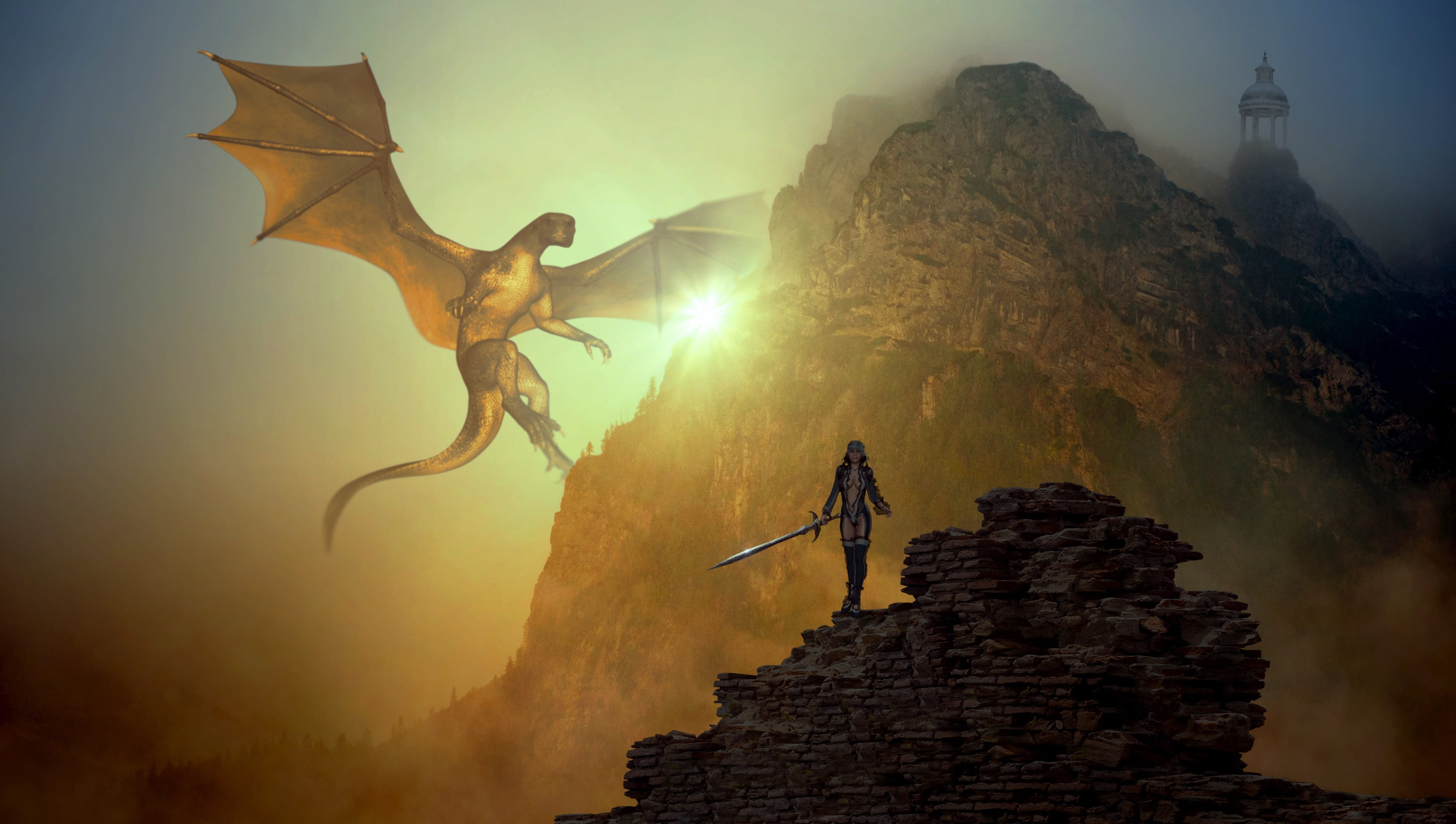 woman standing in rocky terrain, fantasy, dragons, mountain, light