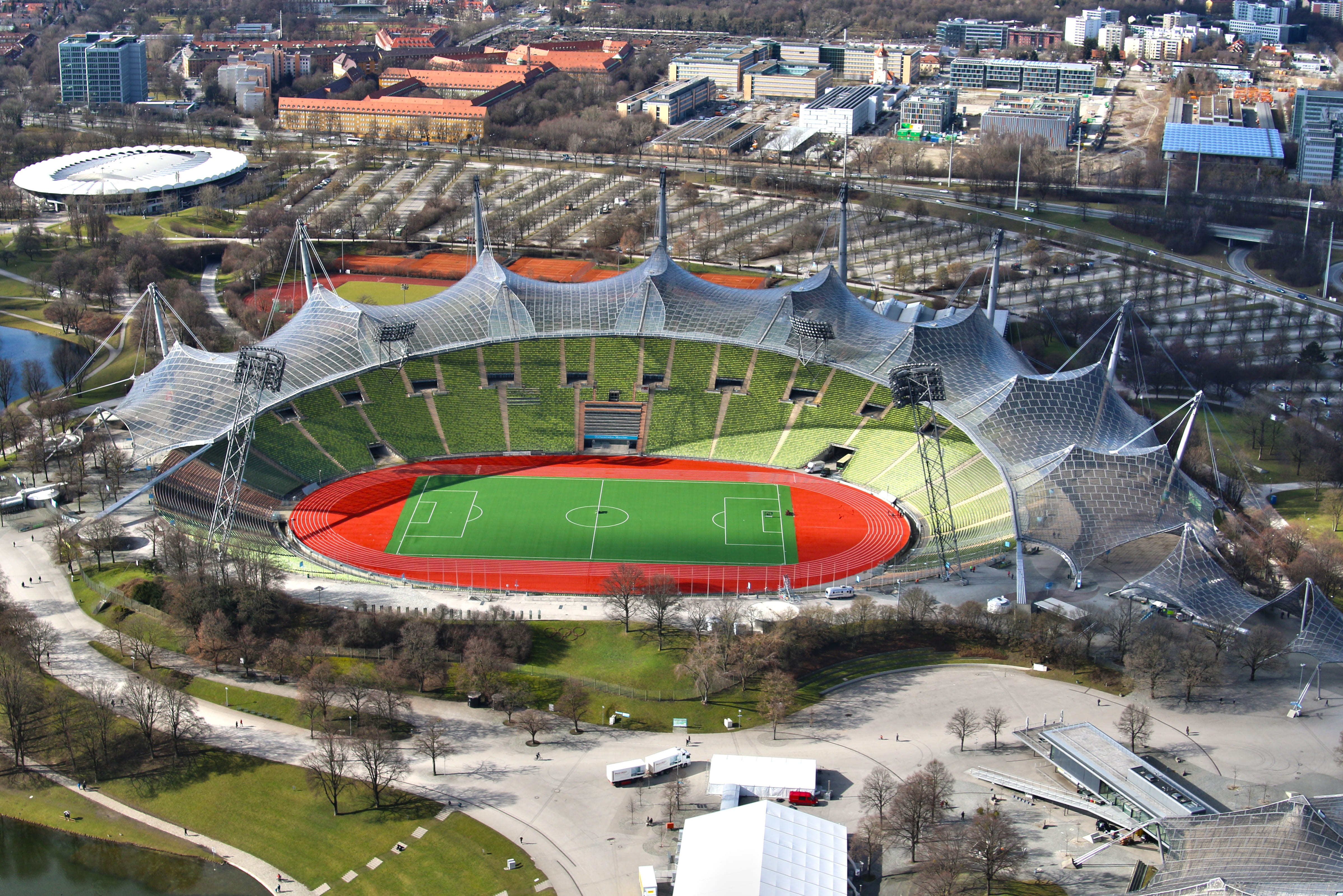 aerial view of soccer field at daytime, olympic stadium, munich