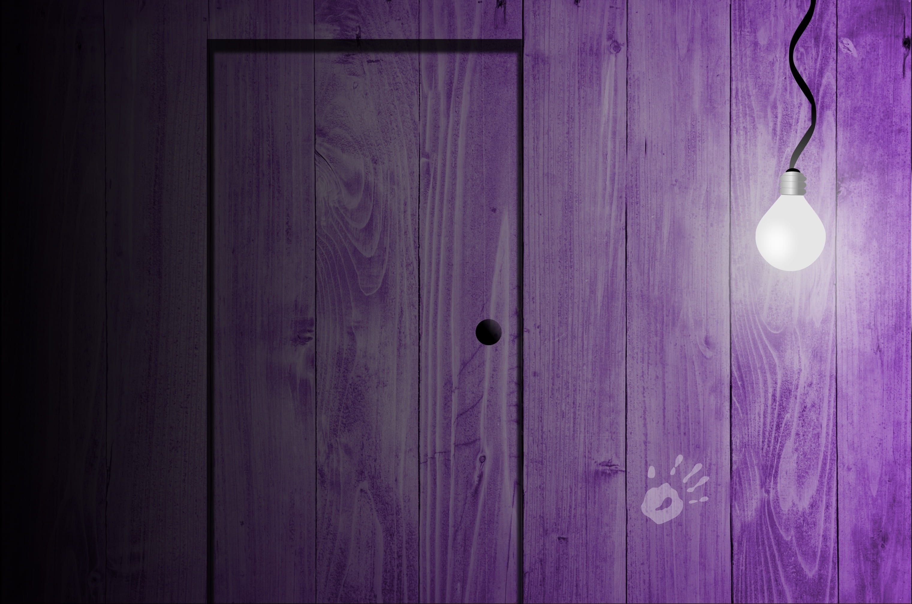light bulb near purple wooden wall with door, room, inside, architecture