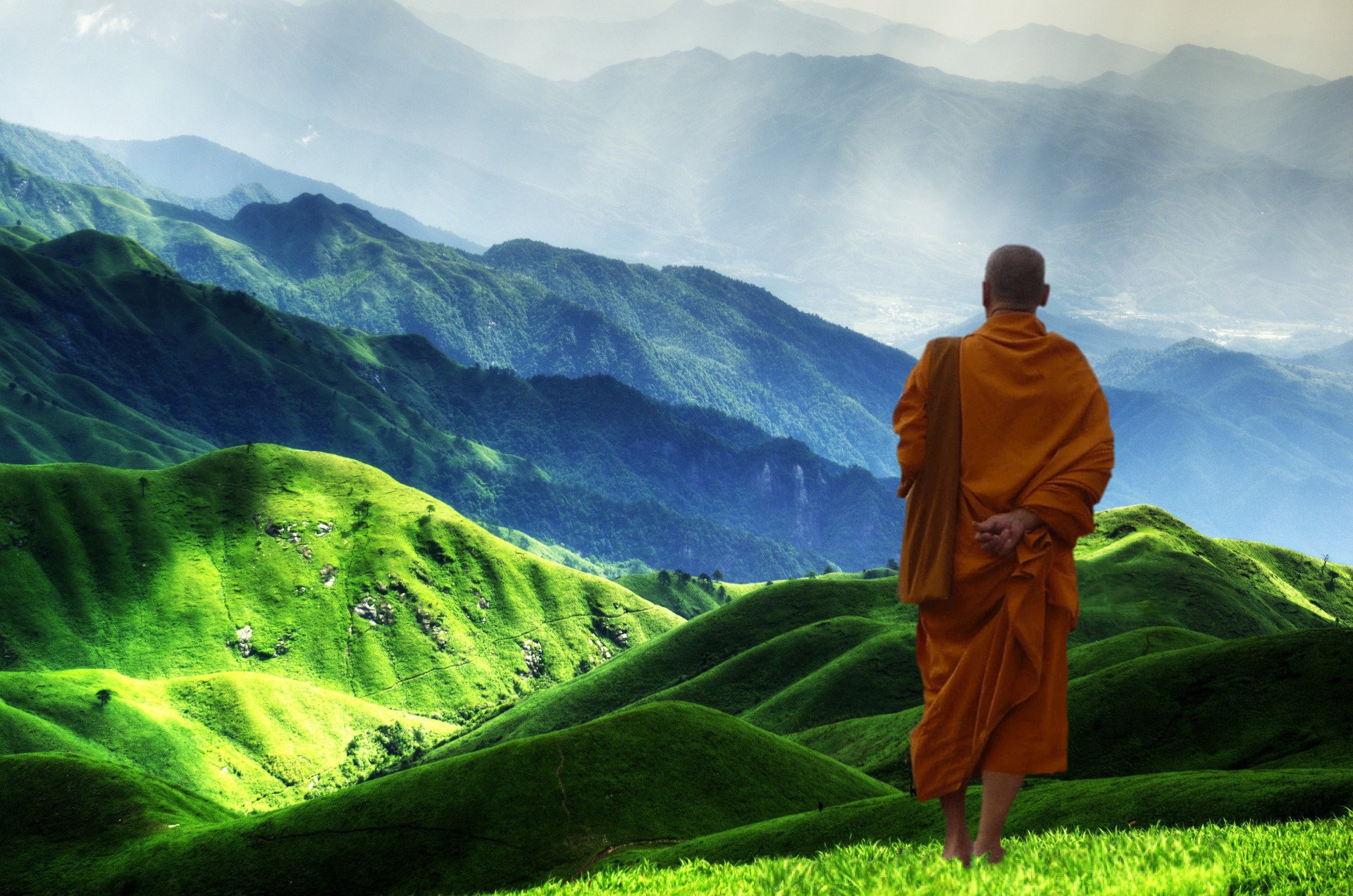 male monk standing on green mountain, buddhist, buddhism, meditation