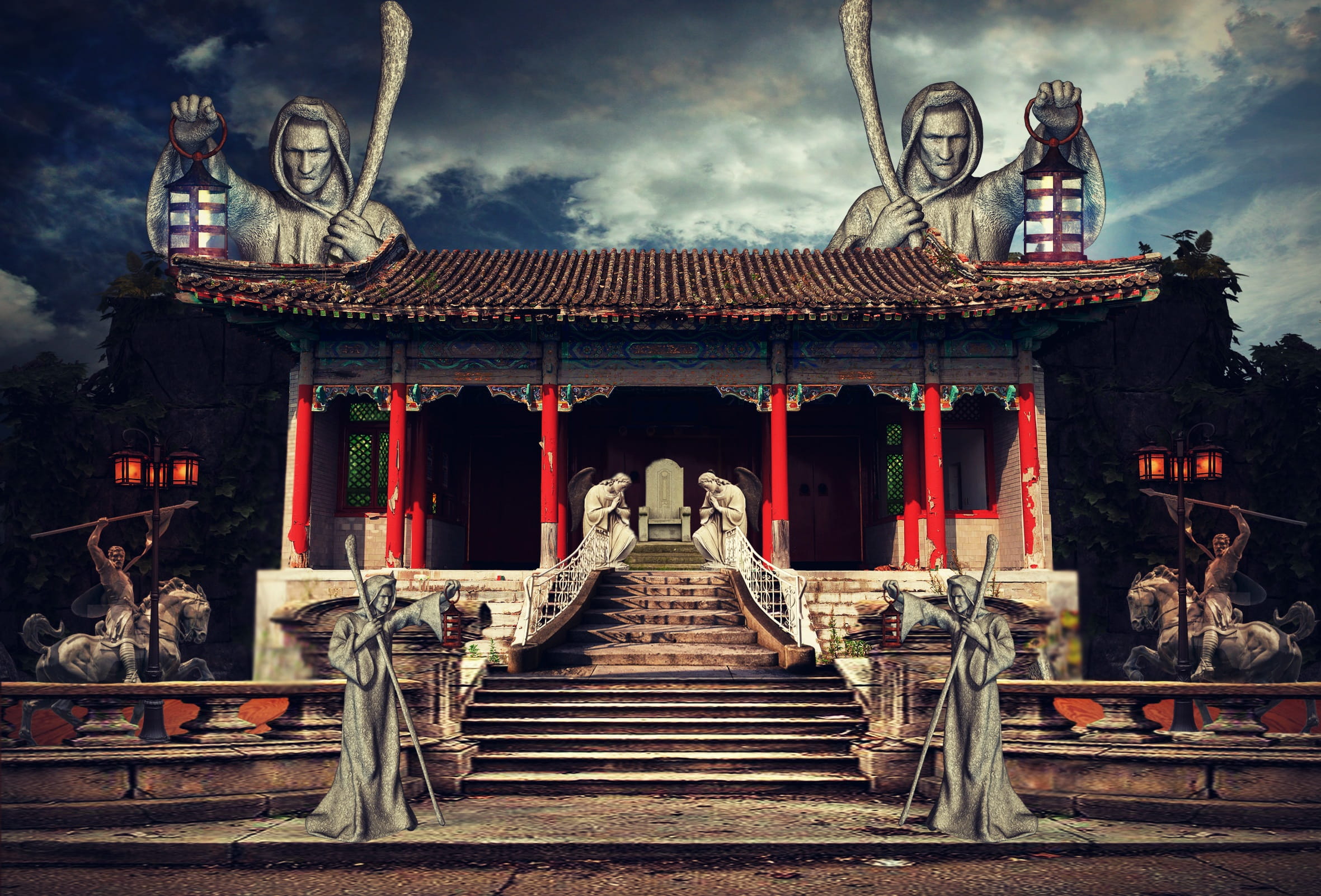 Temple, Protector, Statue, Abandoned, red, outdoors, architecture