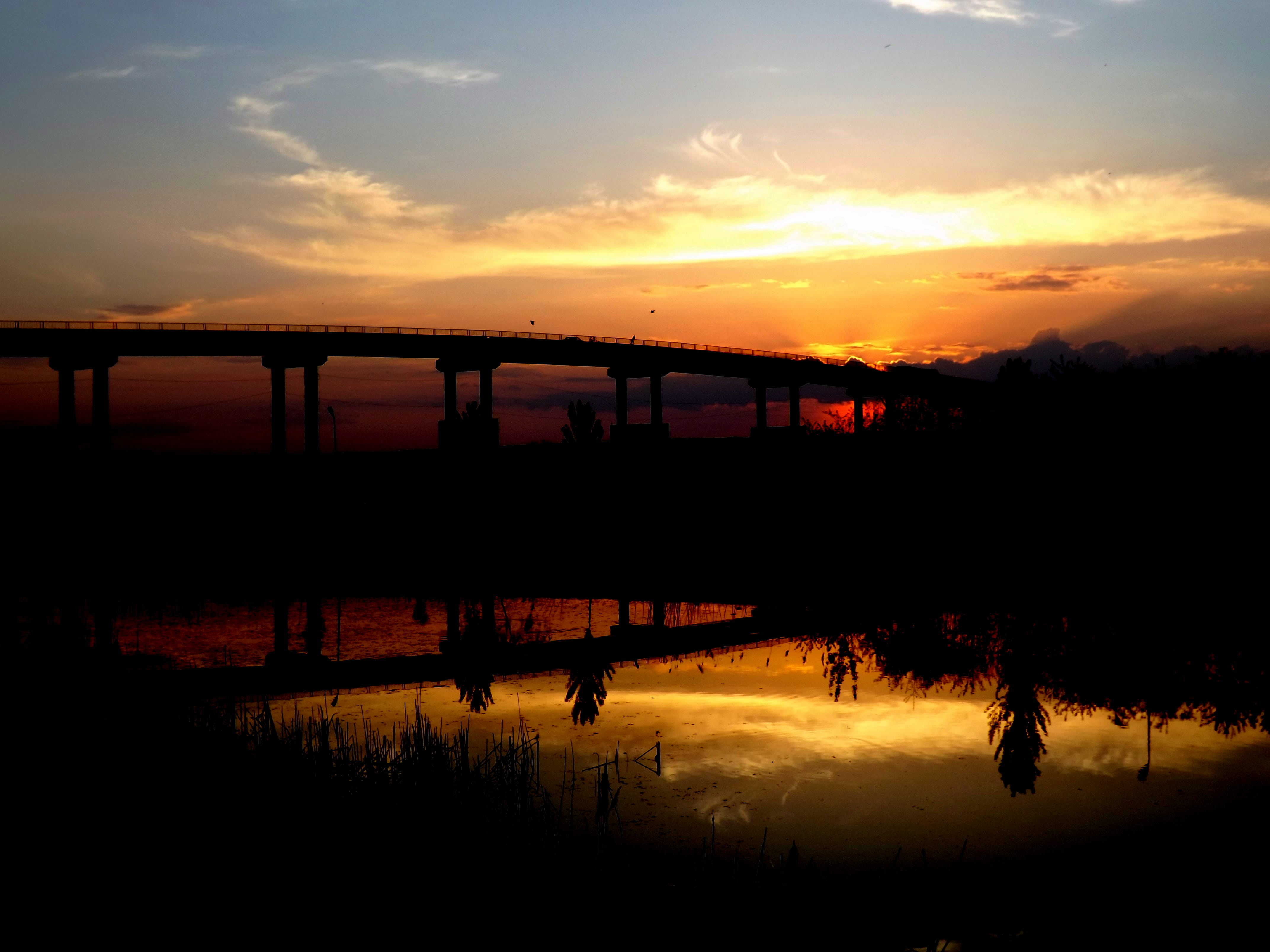 sunset, bridge, water, reflection, red, in the evening, sky